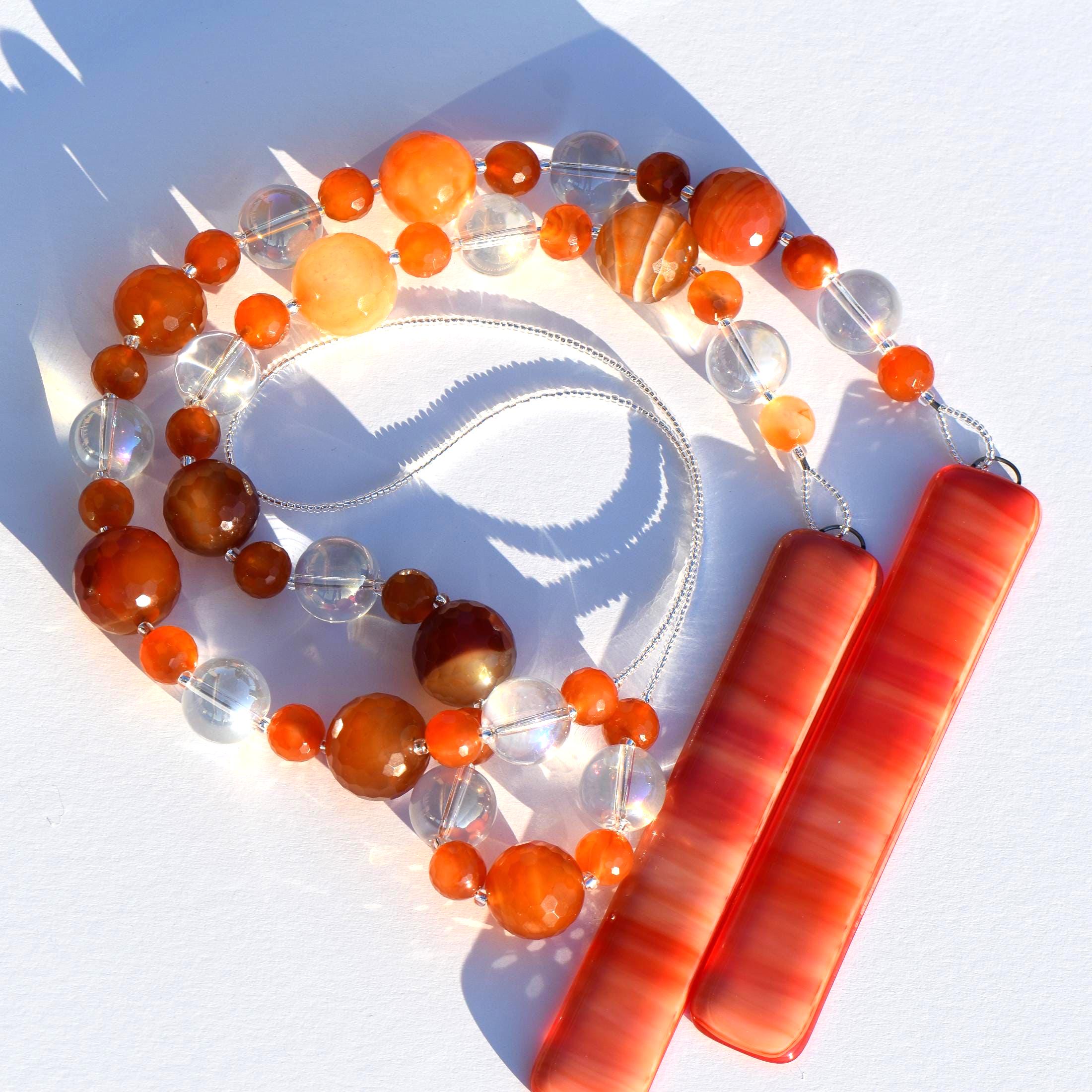 Carnelian Stone and Glass Wind Chime for Patio and Garden - 30" Long