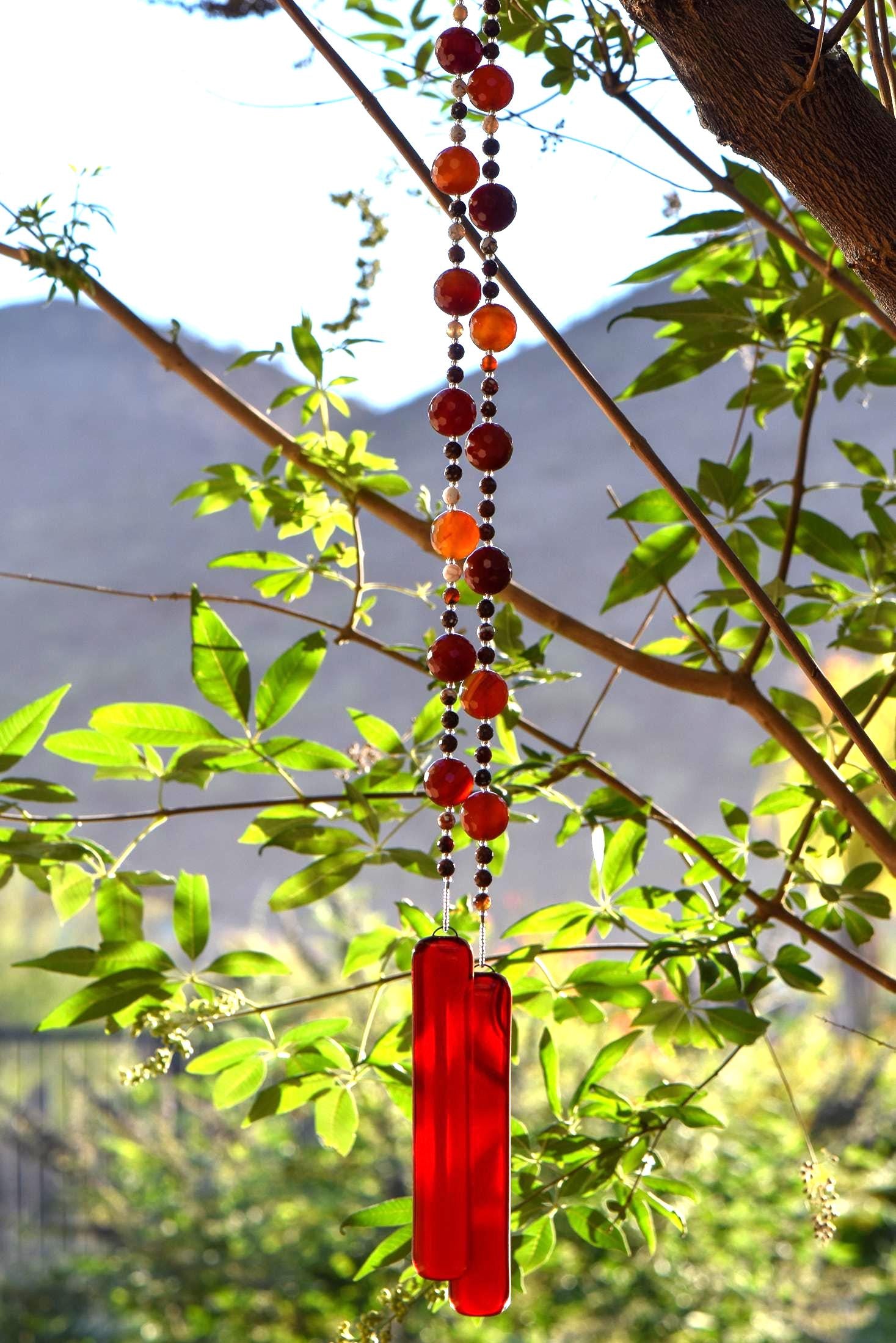 Carnelian Stone and Glass Sun-Catching Wind Chime for Patio and Garden - 30" Long