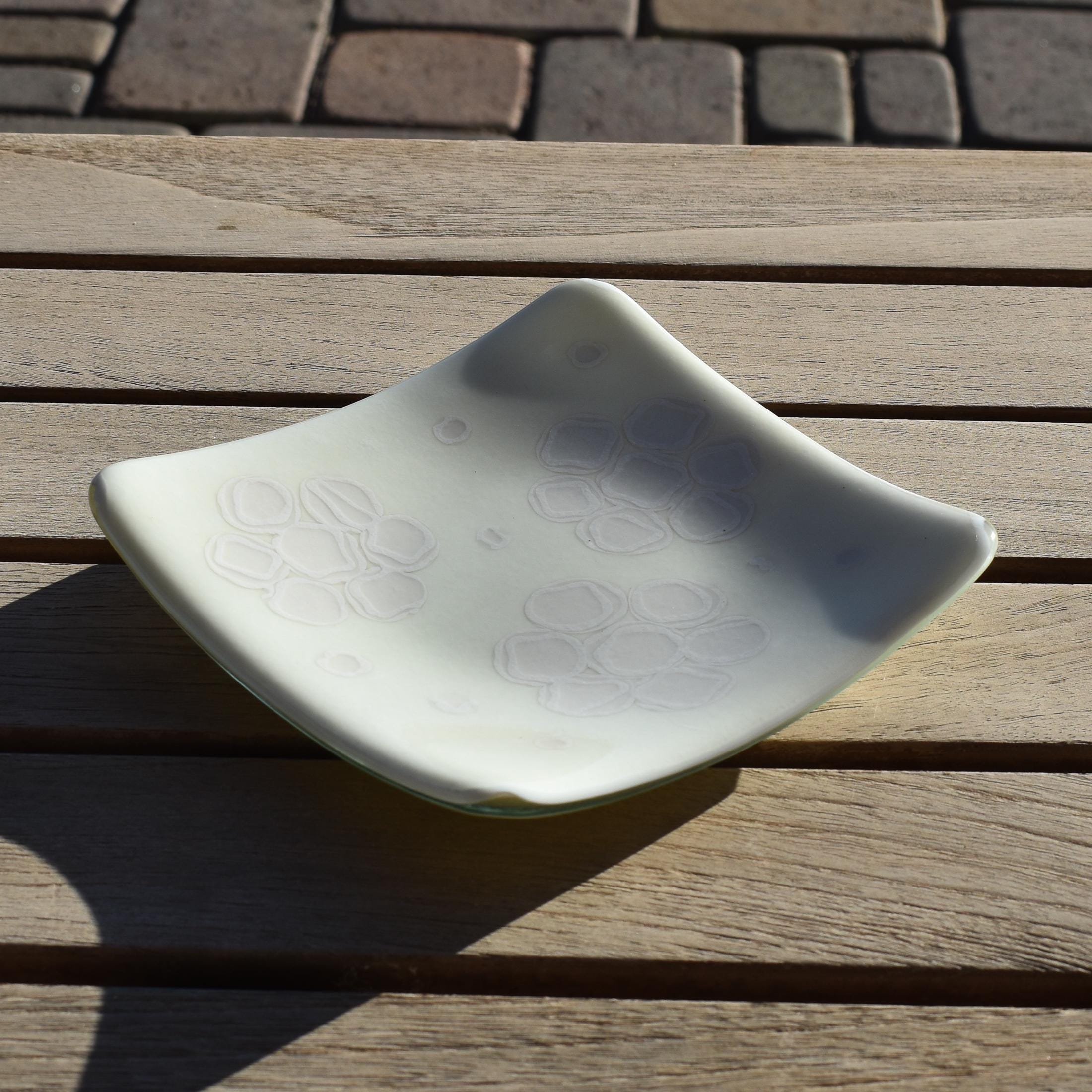 Vanilla Cream Glass Tray with Flower Motif - 6" Square