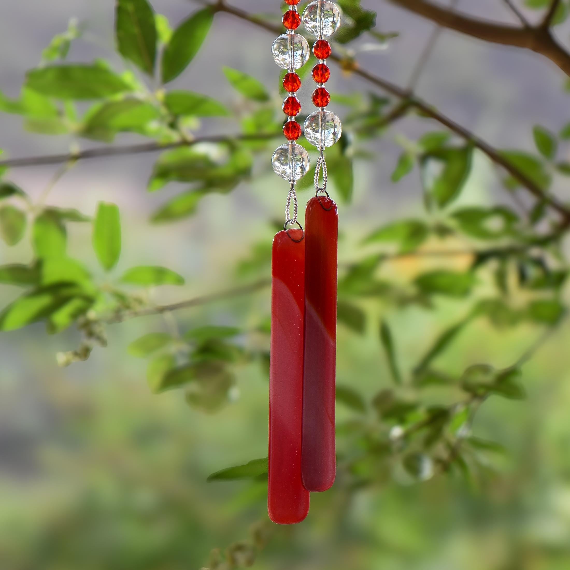 Red, Orange & White Glass Suncatcher Chime for Patio and Garden - 31” Long