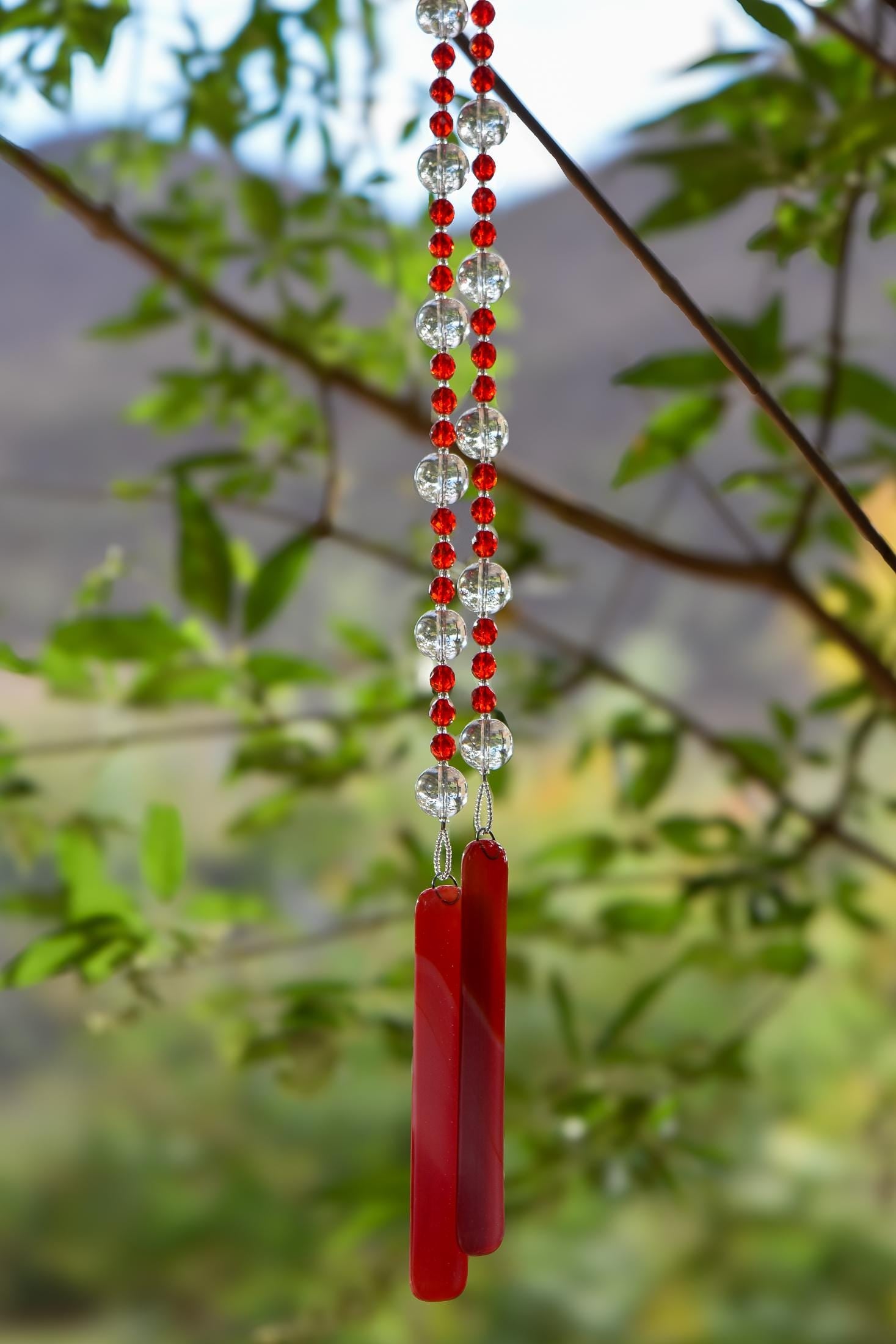 Red, Orange & White Glass Suncatcher Chime for Patio and Garden - 31” Long