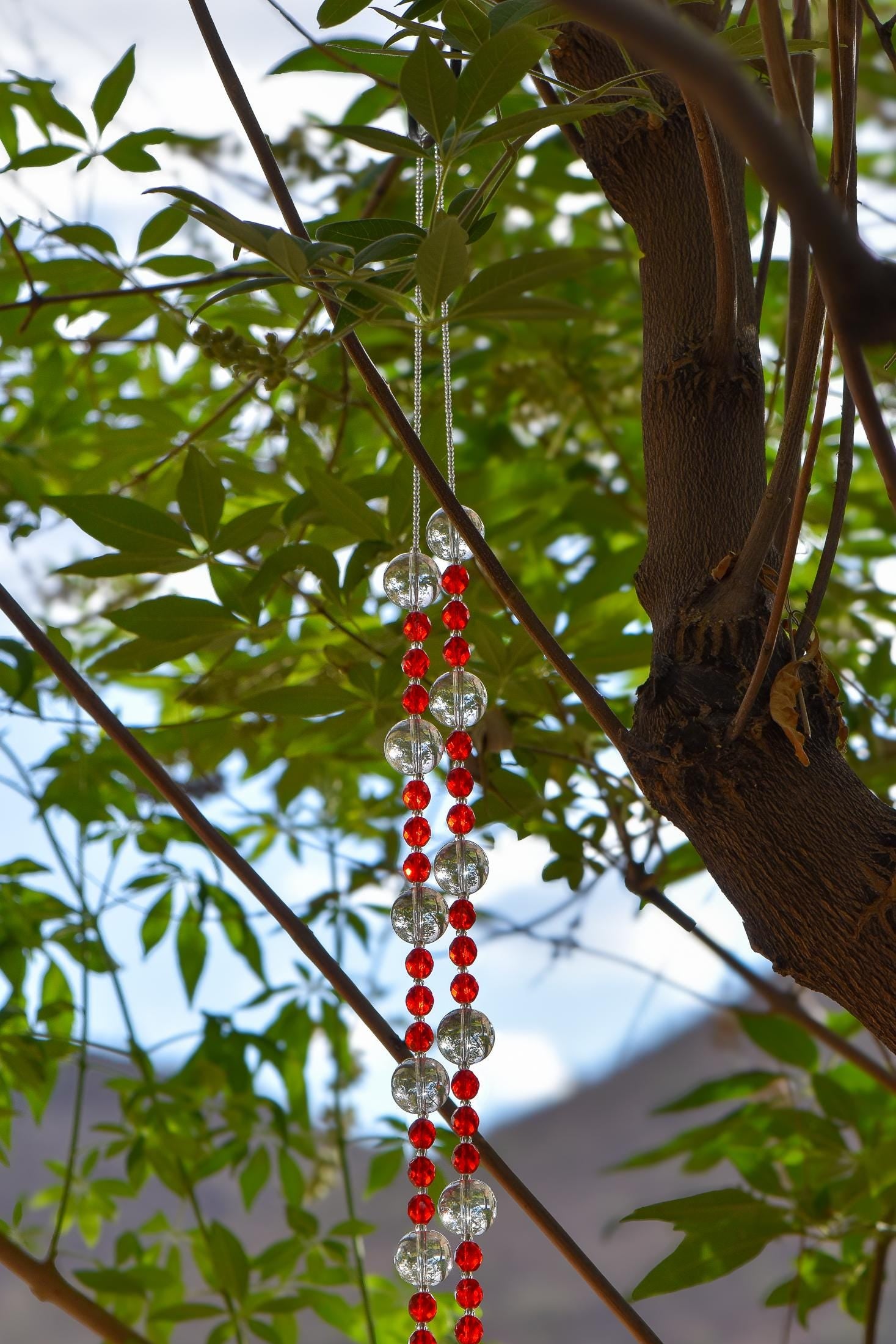 Red, Orange & White Glass Suncatcher Chime for Patio and Garden - 31” Long