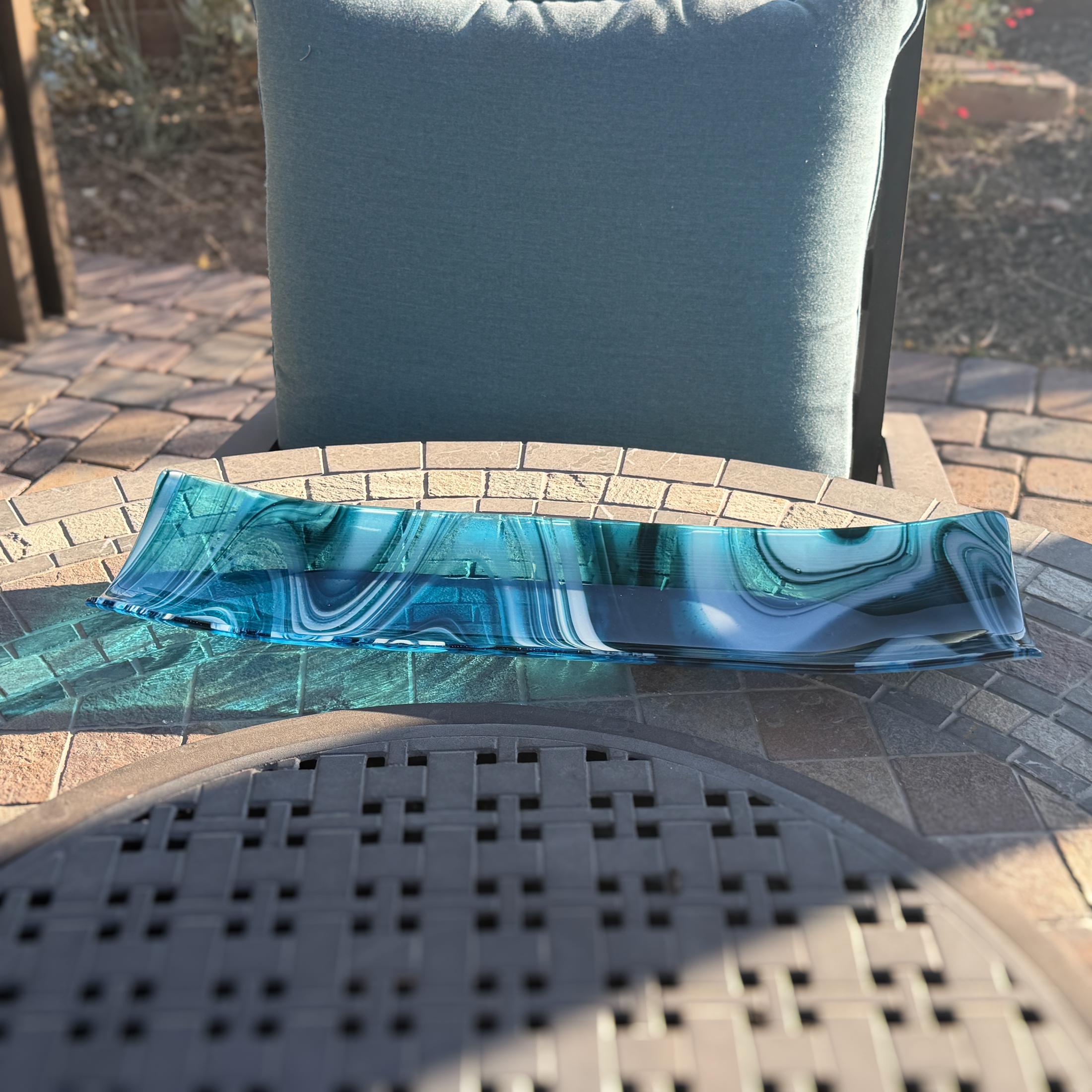 Large Blue & White Fused Glass Channel Tray - Table Centerpiece - 23" Long