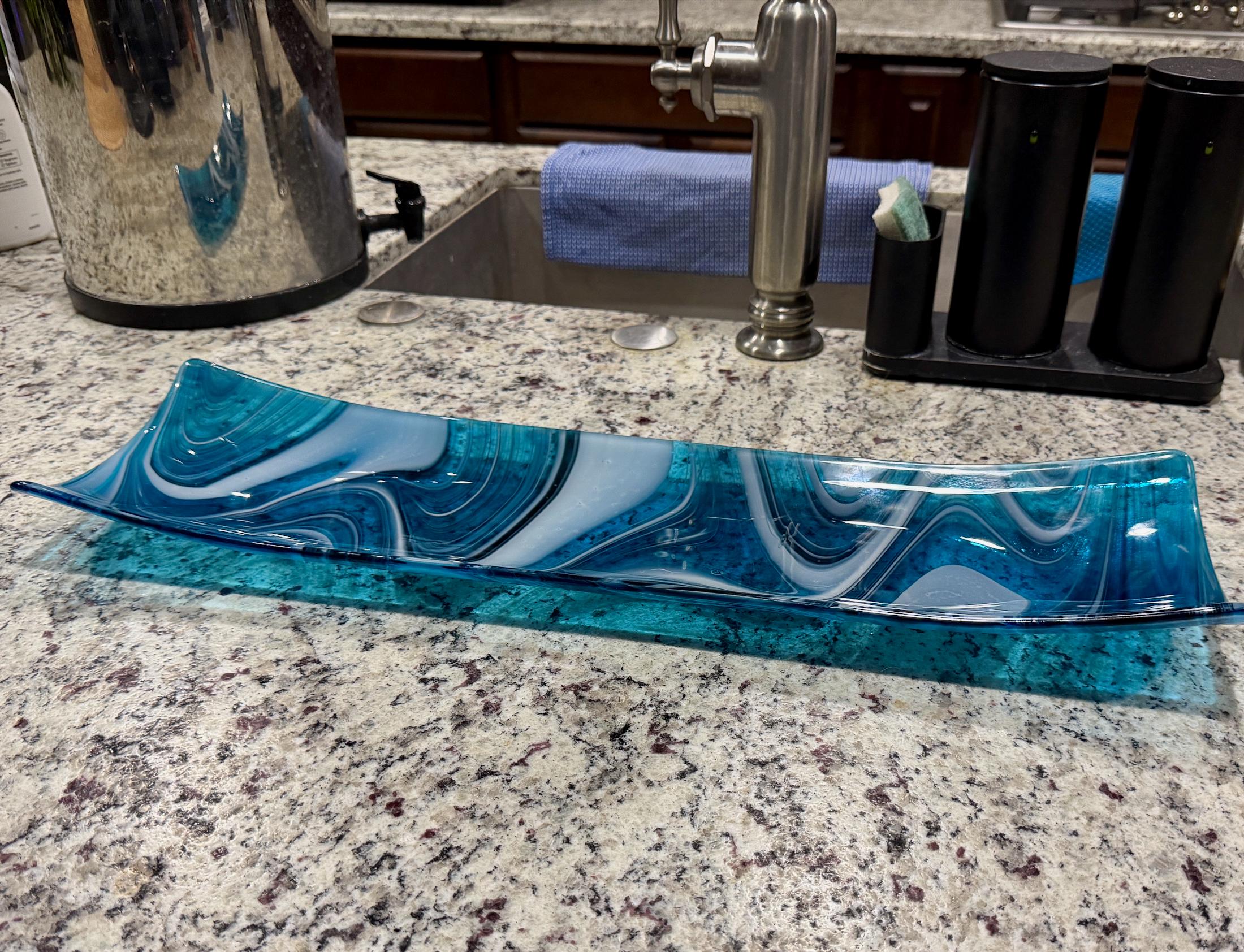Large Blue & White Fused Glass Channel Tray - Table Centerpiece - 23" Long