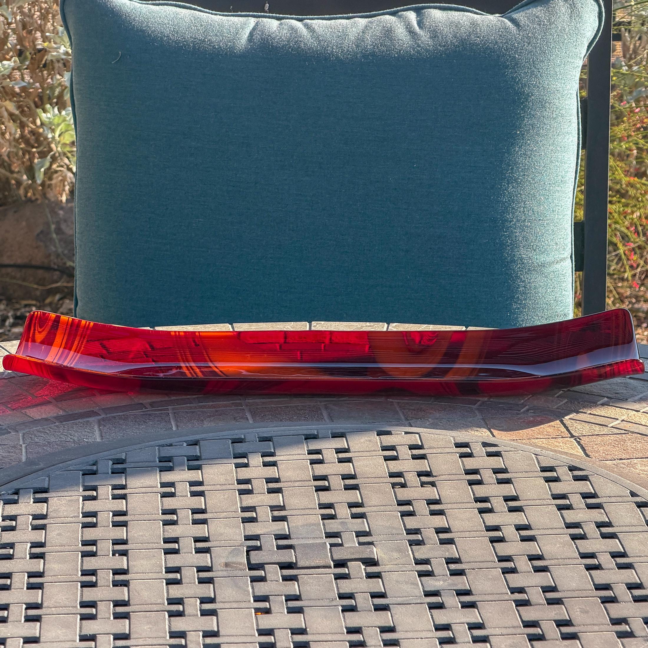 Large Red & Orange Fused Glass Channel Tray - Table Centerpiece - 23" Long