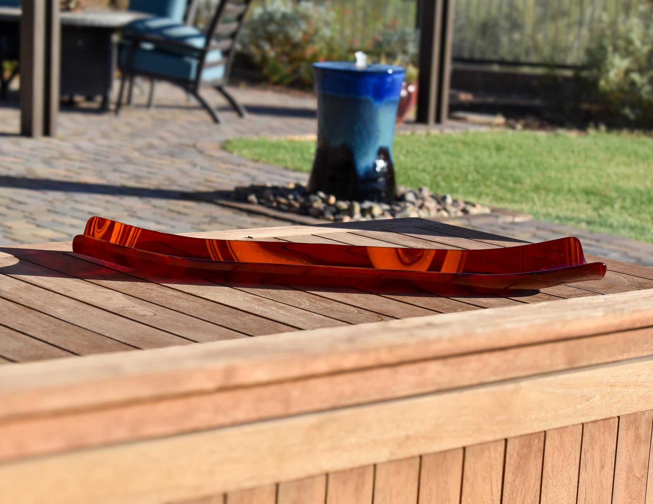 Large Red & Orange Fused Glass Channel Tray - Table Centerpiece - 23" Long