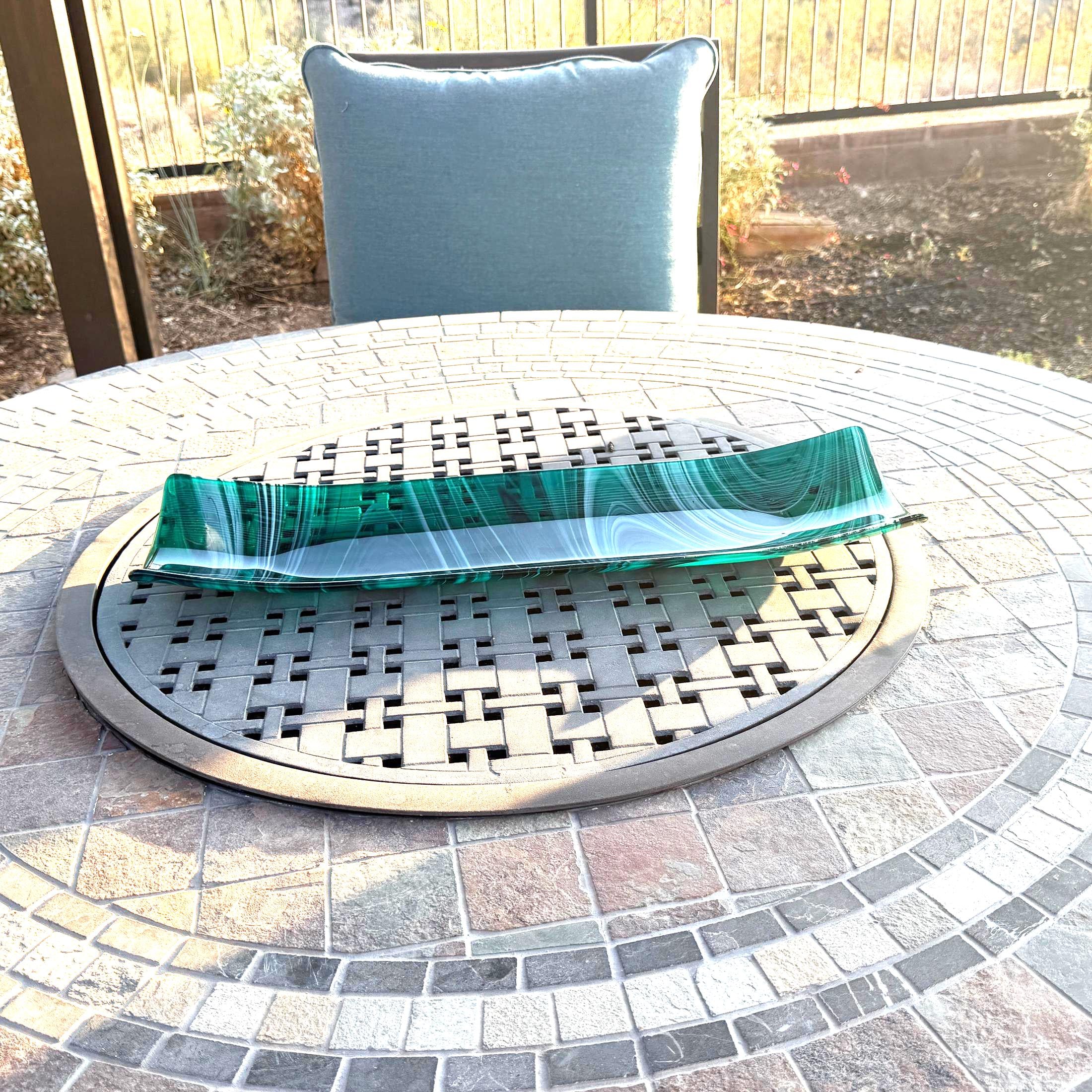 Large Teal Green Fused Glass Channel Tray - Table Centerpiece - 23" Long