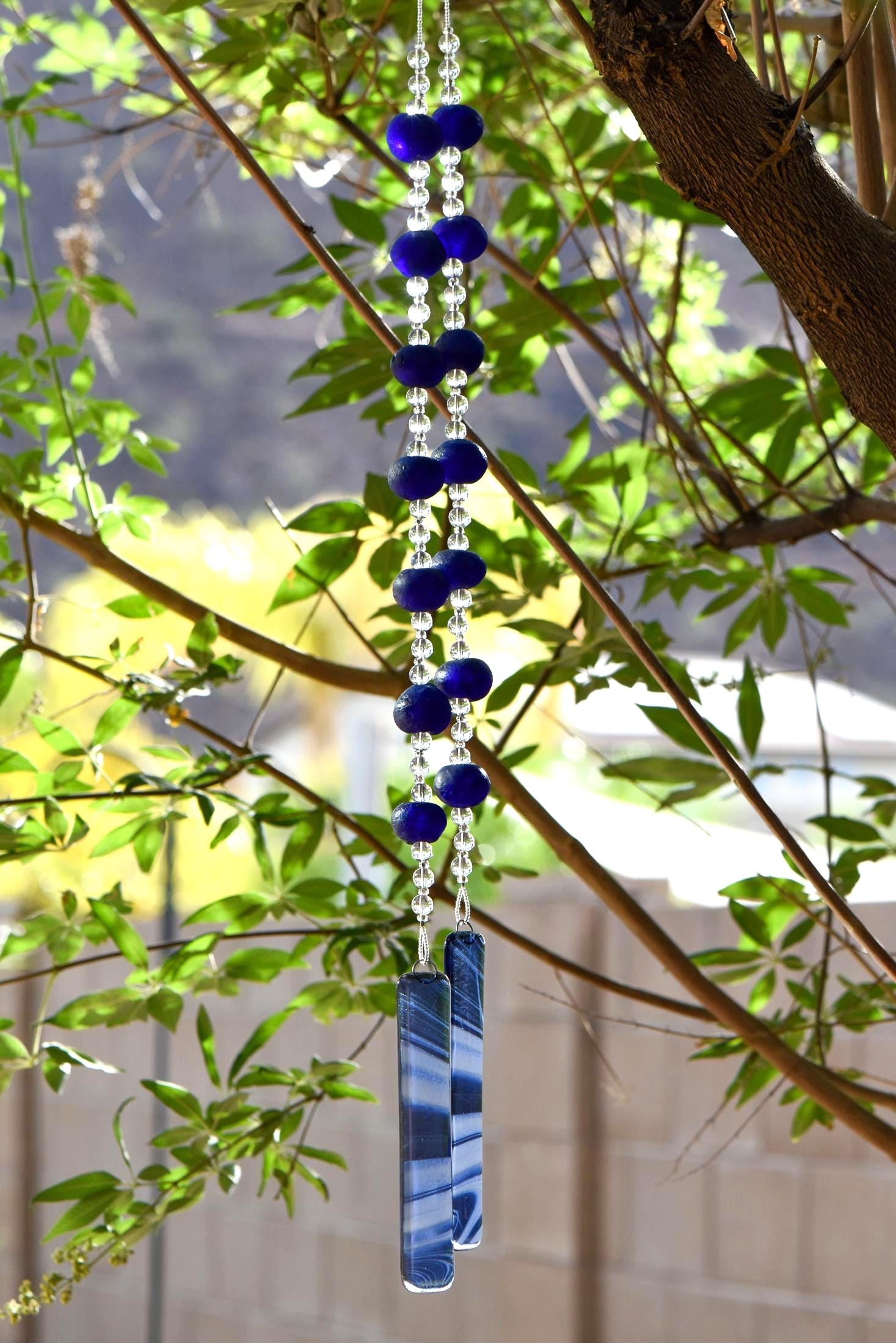 Cobalt Blue Suncatching Wind Chime with African Tribal Beads for Patio and Garden - 30" Long