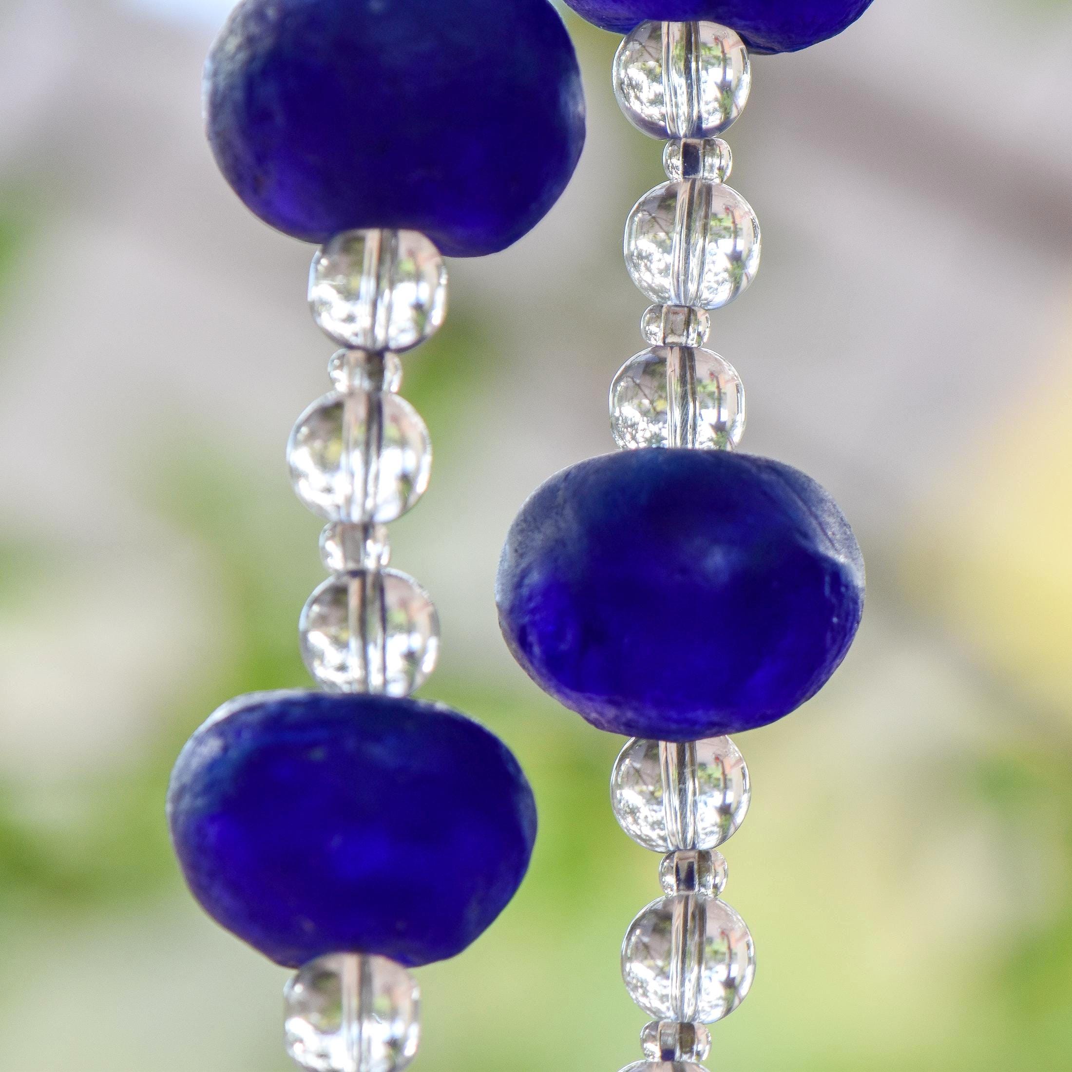 Cobalt Blue Suncatching Wind Chime with African Tribal Beads for Patio and Garden - 30" Long