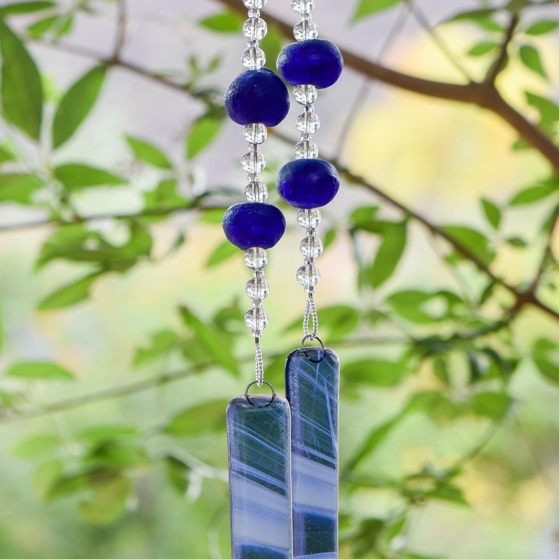 Cobalt Blue Suncatching Wind Chime with African Tribal Beads for Patio and Garden - 30" Long
