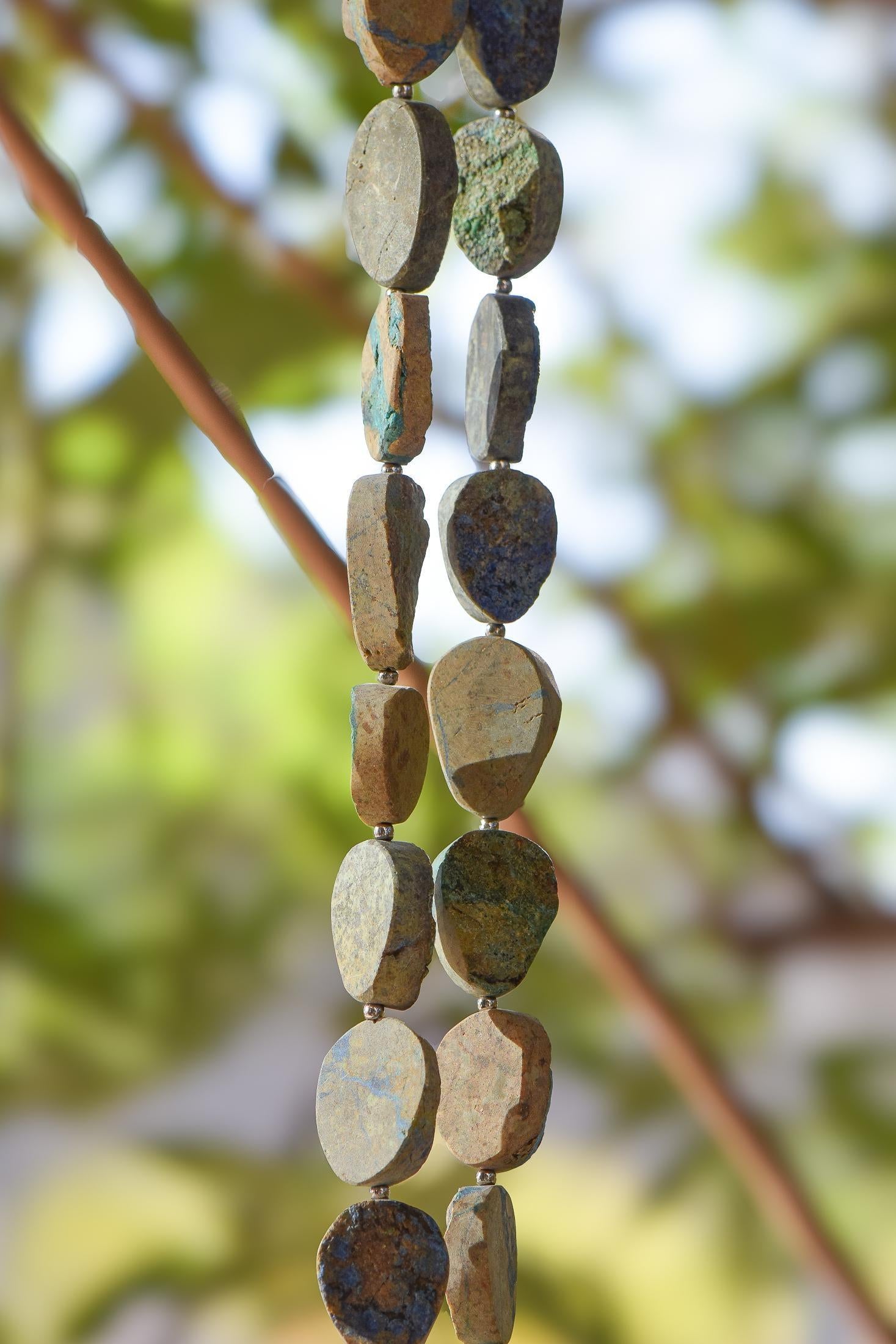 Azurite Malachite Stone Wind Chime - Transparent Blue Glass - 30"