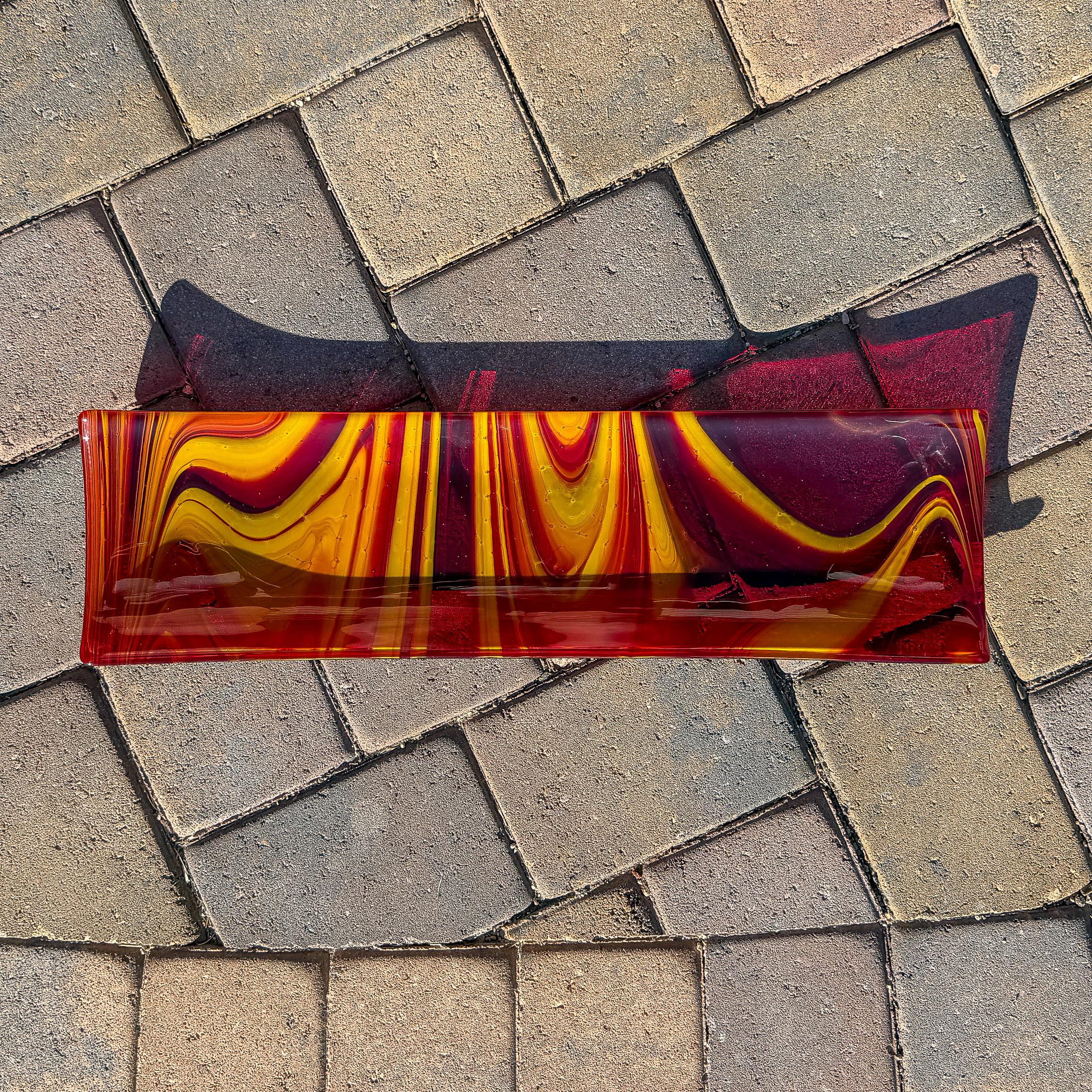 Large Red & Yellow Fused Glass Channel Tray - Table Centerpiece - 23" Long