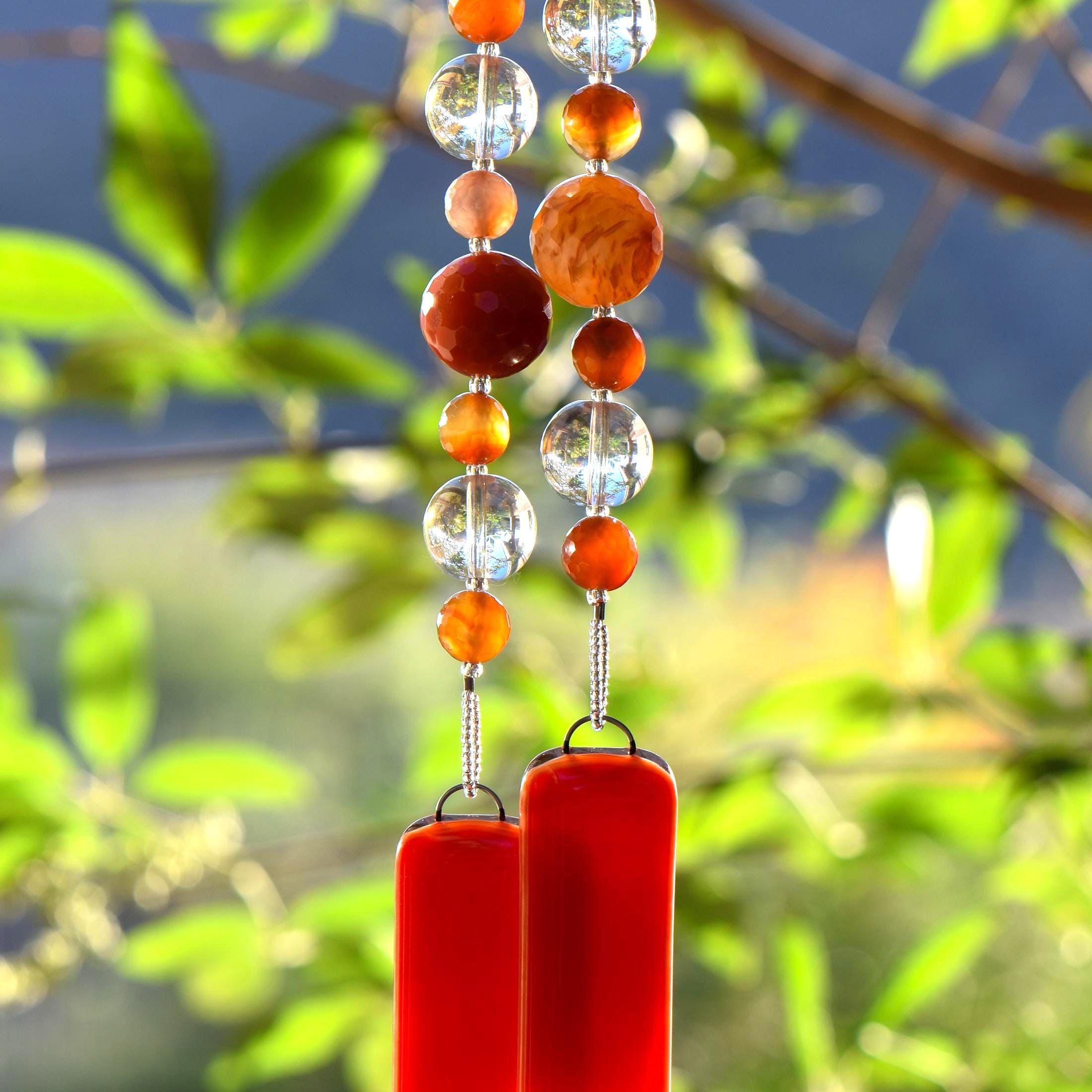 Carnelian Stone and Glass Wind Chime for Patio and Garden - 30" Long