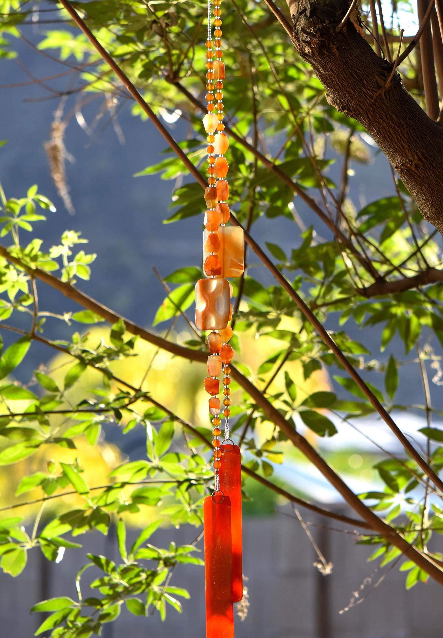 Glass and Stone Chime with Large Carnelian Slabs for Patio or Garden