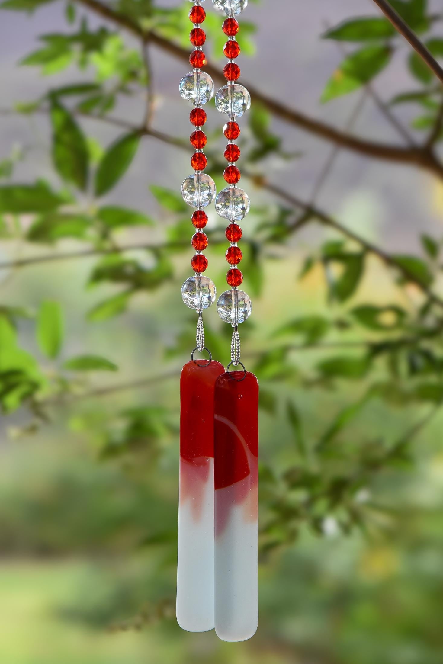 Bold Red & White Glass Suncatcher Chime for Patio and Garden - 31” Long