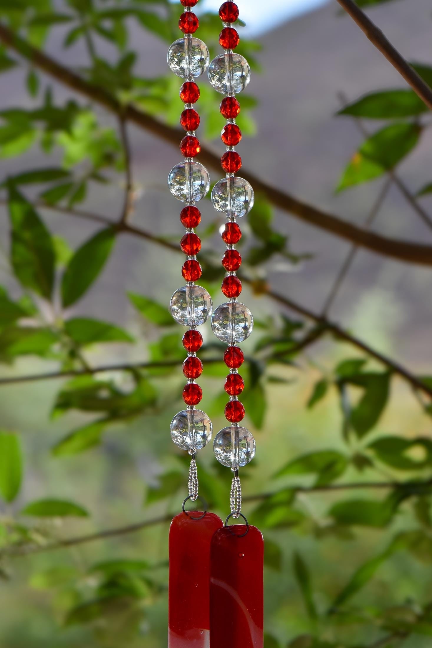 Bold Red & White Glass Suncatcher Chime for Patio and Garden - 31” Long