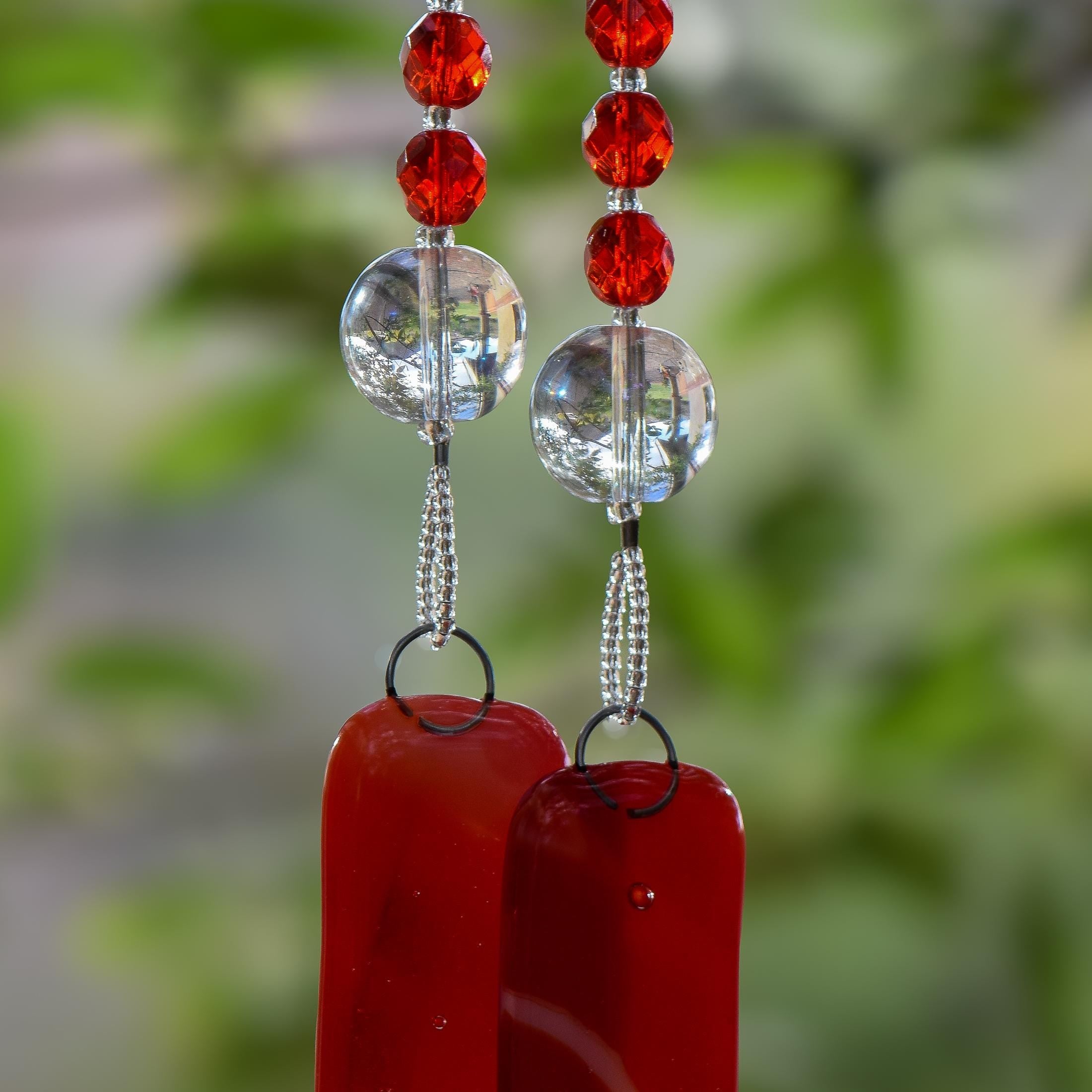 Bold Red & White Glass Suncatcher Chime for Patio and Garden - 31” Long