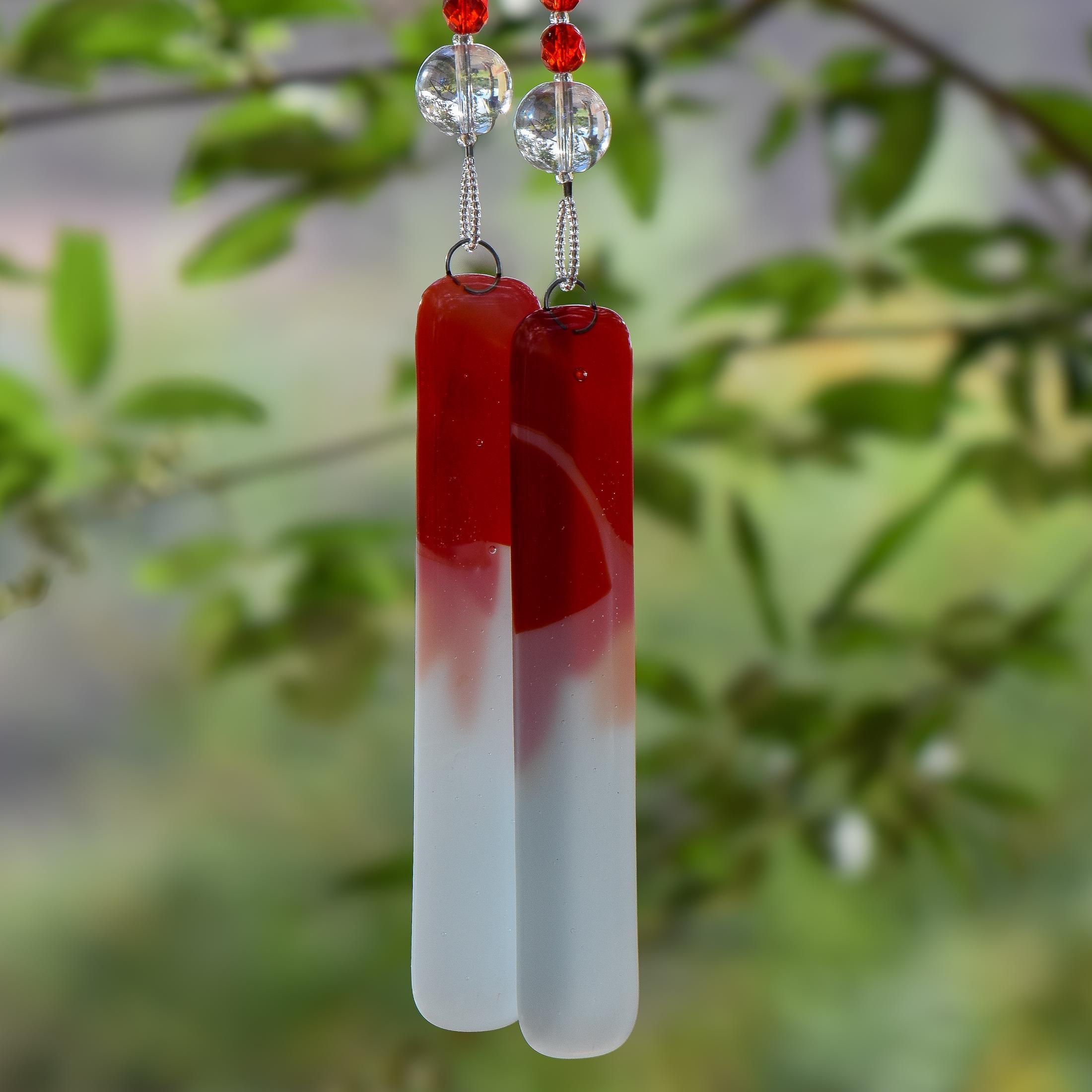Bold Red & White Glass Suncatcher Chime for Patio and Garden - 31” Long