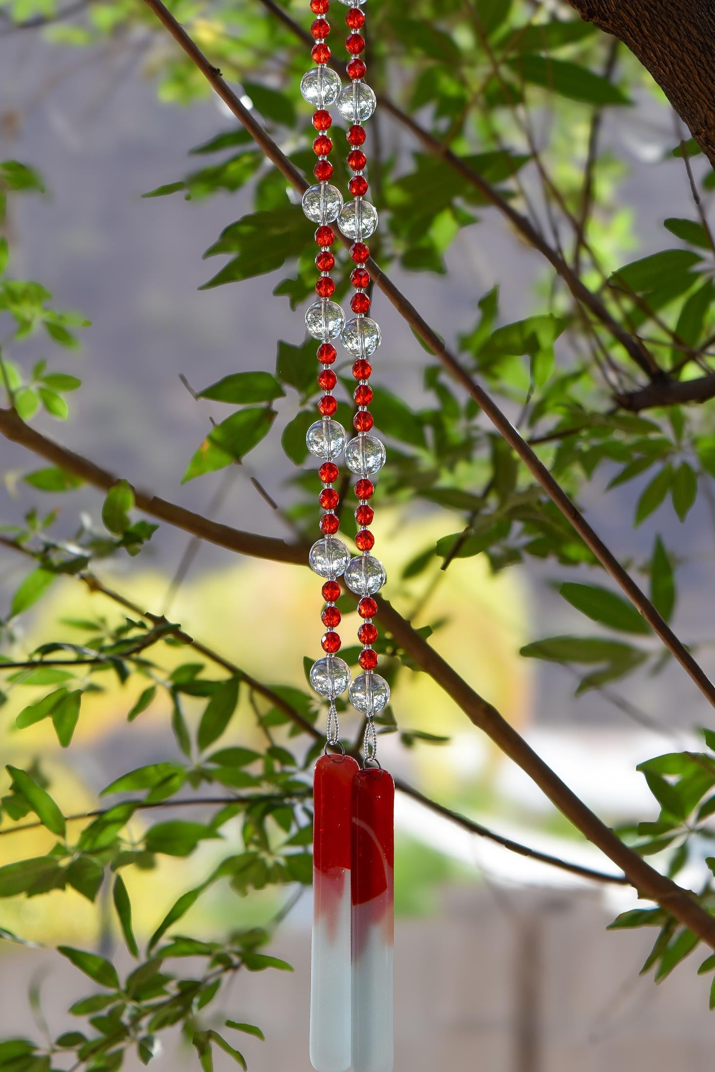 Bold Red & White Glass Suncatcher Chime for Patio and Garden - 31” Long