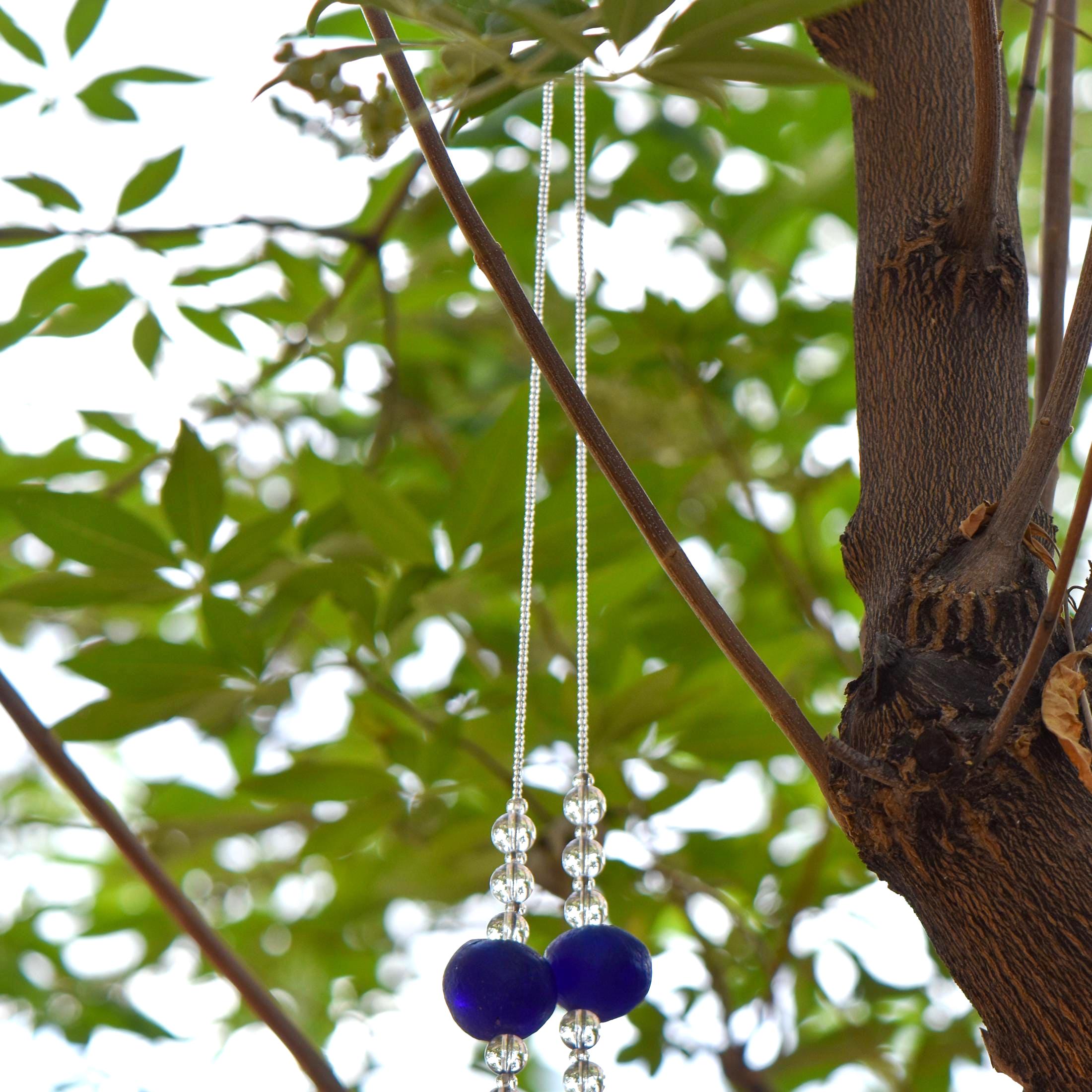 Cobalt Blue Suncatching Wind Chime with African Tribal Beads for Patio and Garden - 30" Long