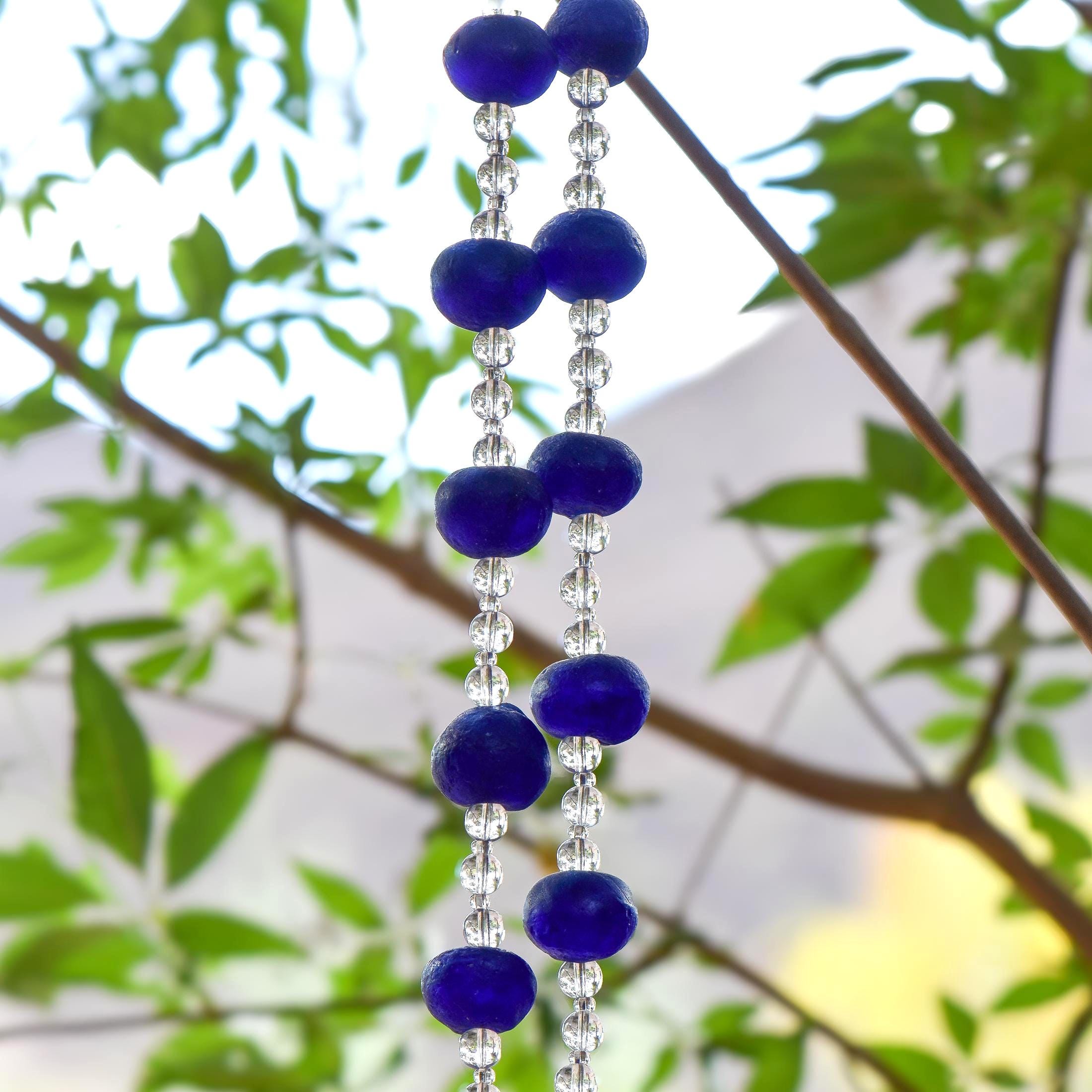 Cobalt Blue Suncatching Wind Chime with African Tribal Beads for Patio and Garden - 30" Long
