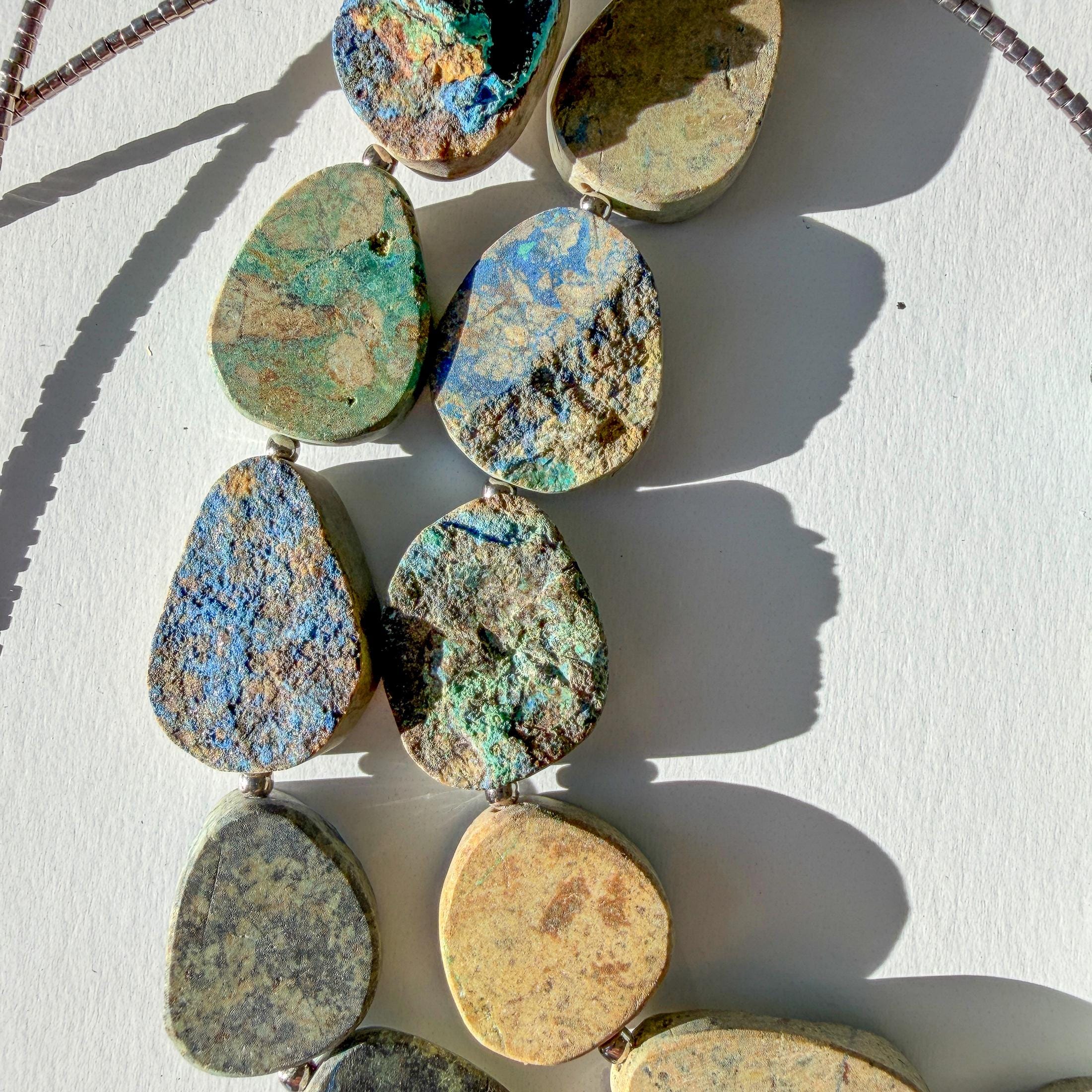 Azurite Malachite Stone Wind Chime - Transparent Blue Glass - 30"