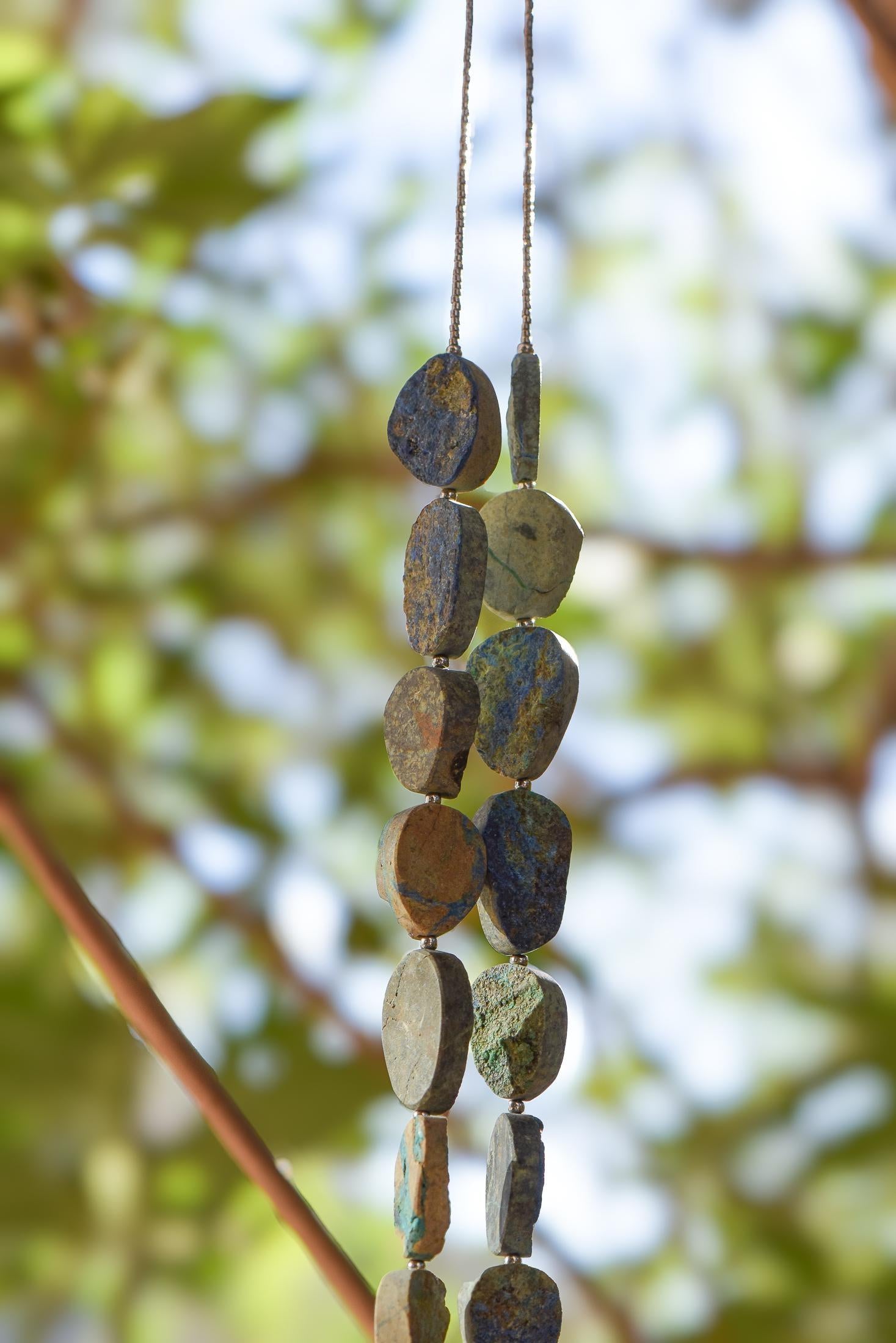 Azurite Malachite Stone Wind Chime - Transparent Blue Glass - 30"