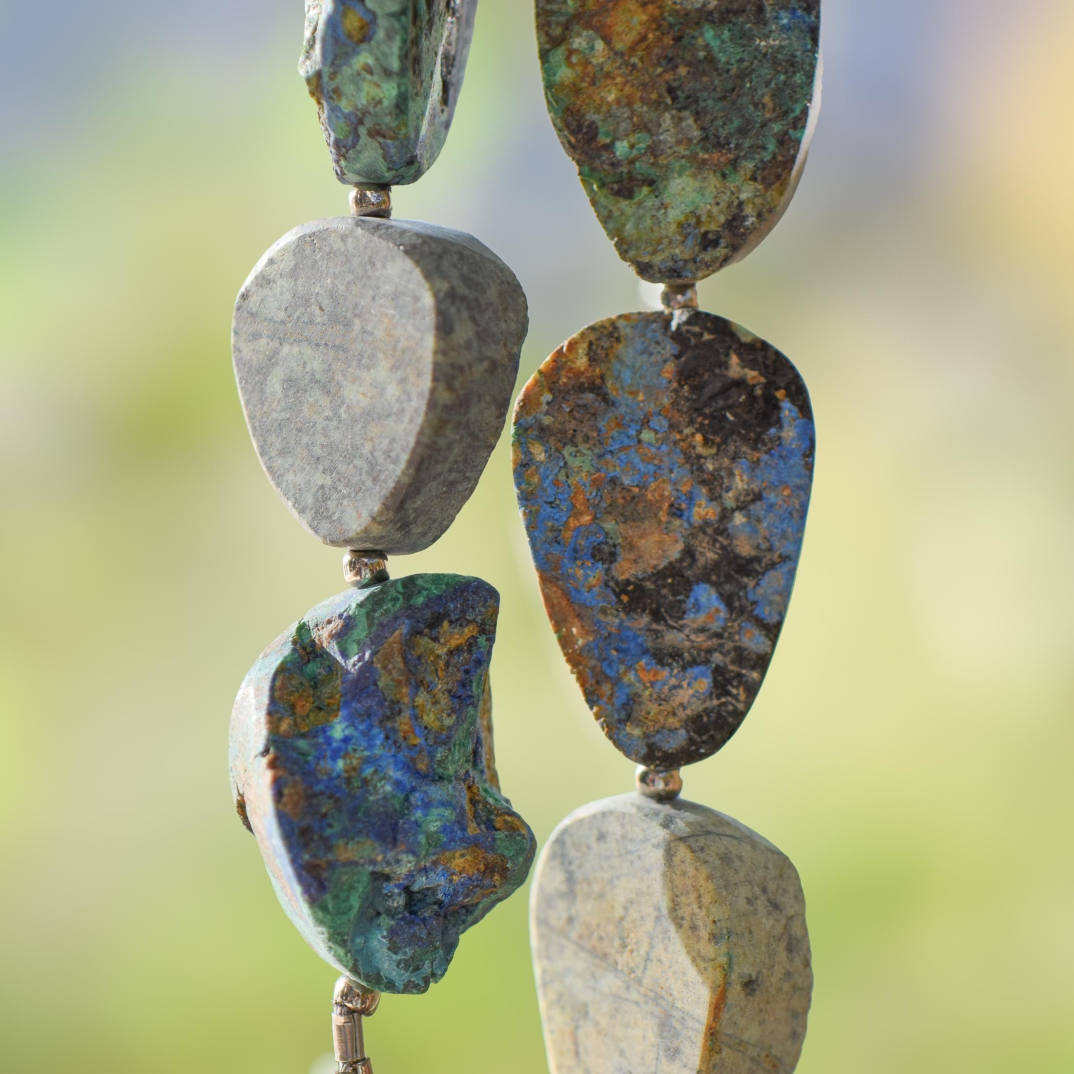 Azurite Malachite Stone Wind Chime - Transparent Blue Glass - 30"