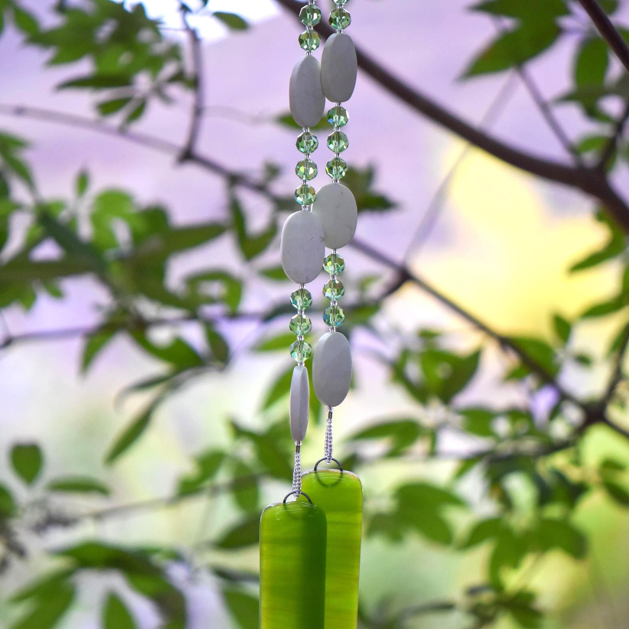 Lemon Chrysoprase Stone Chime with Lime Green Accents for Patio and Garden