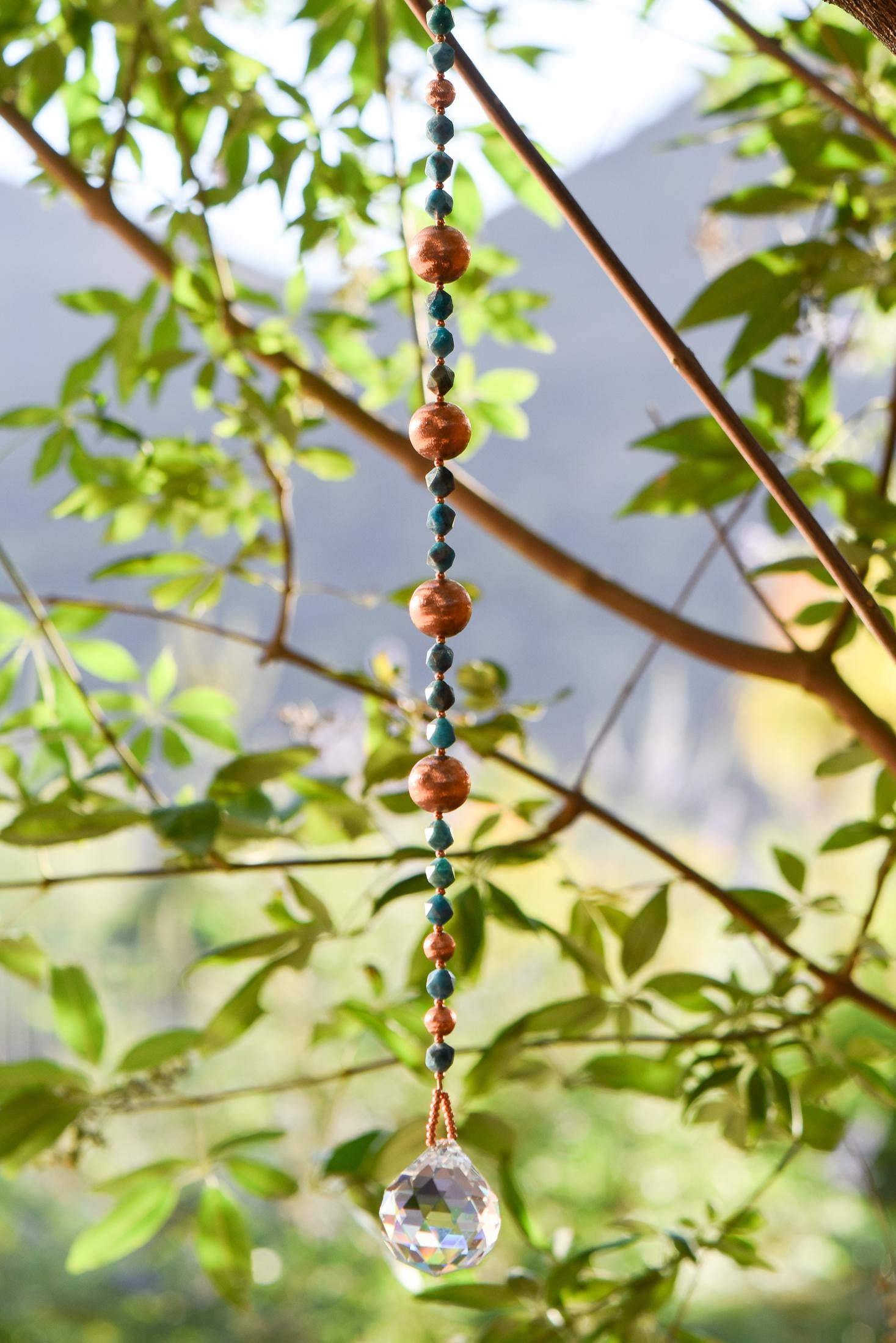 Long Suncatcher - Apatite Stone and Copper with Glass Crystal - 27"