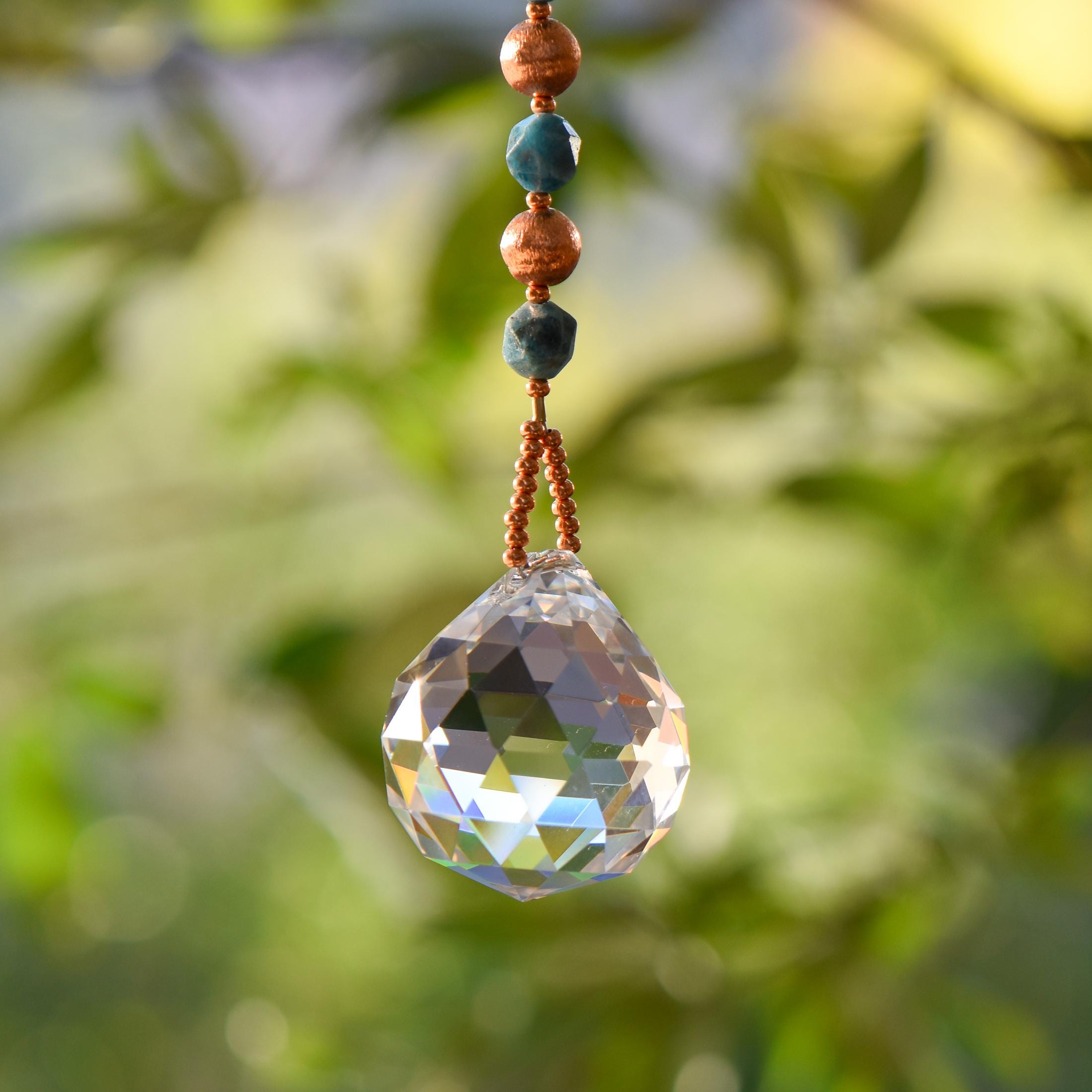 Long Suncatcher - Apatite Stone and Copper with Glass Crystal - 27"