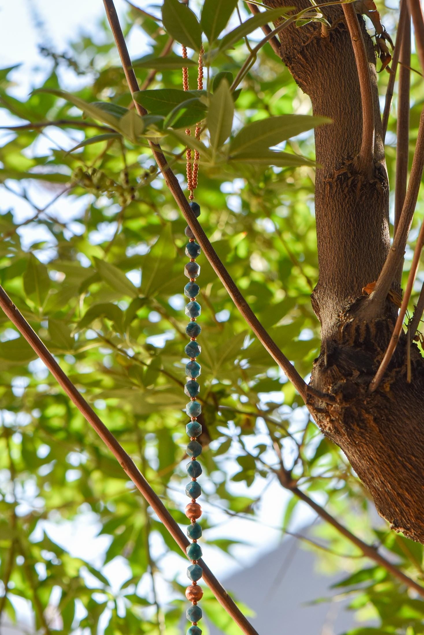 Long Suncatcher - Apatite Stone and Copper with Glass Crystal - 27"
