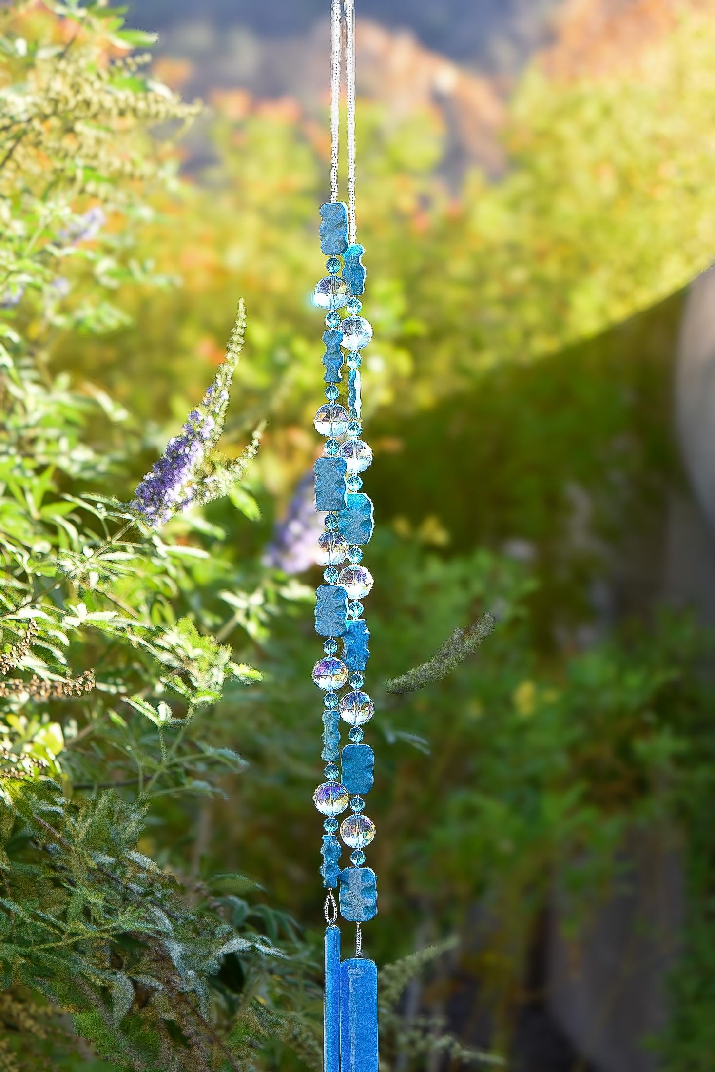 Magnesite Stone Chime with Blue Fused Glass and Glass Crystal- 31"