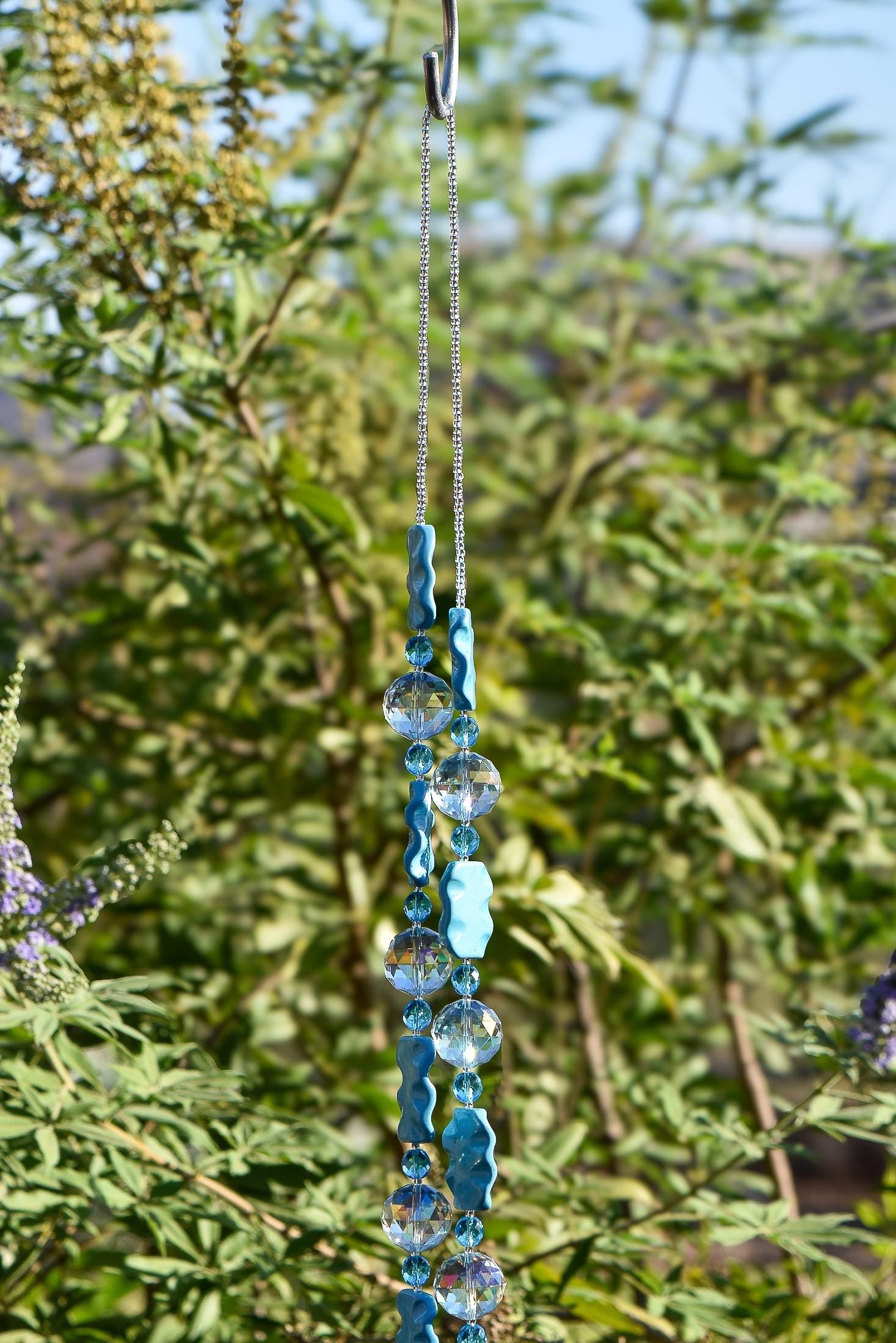 Magnesite Stone Chime with Blue Fused Glass and Glass Crystal- 31"