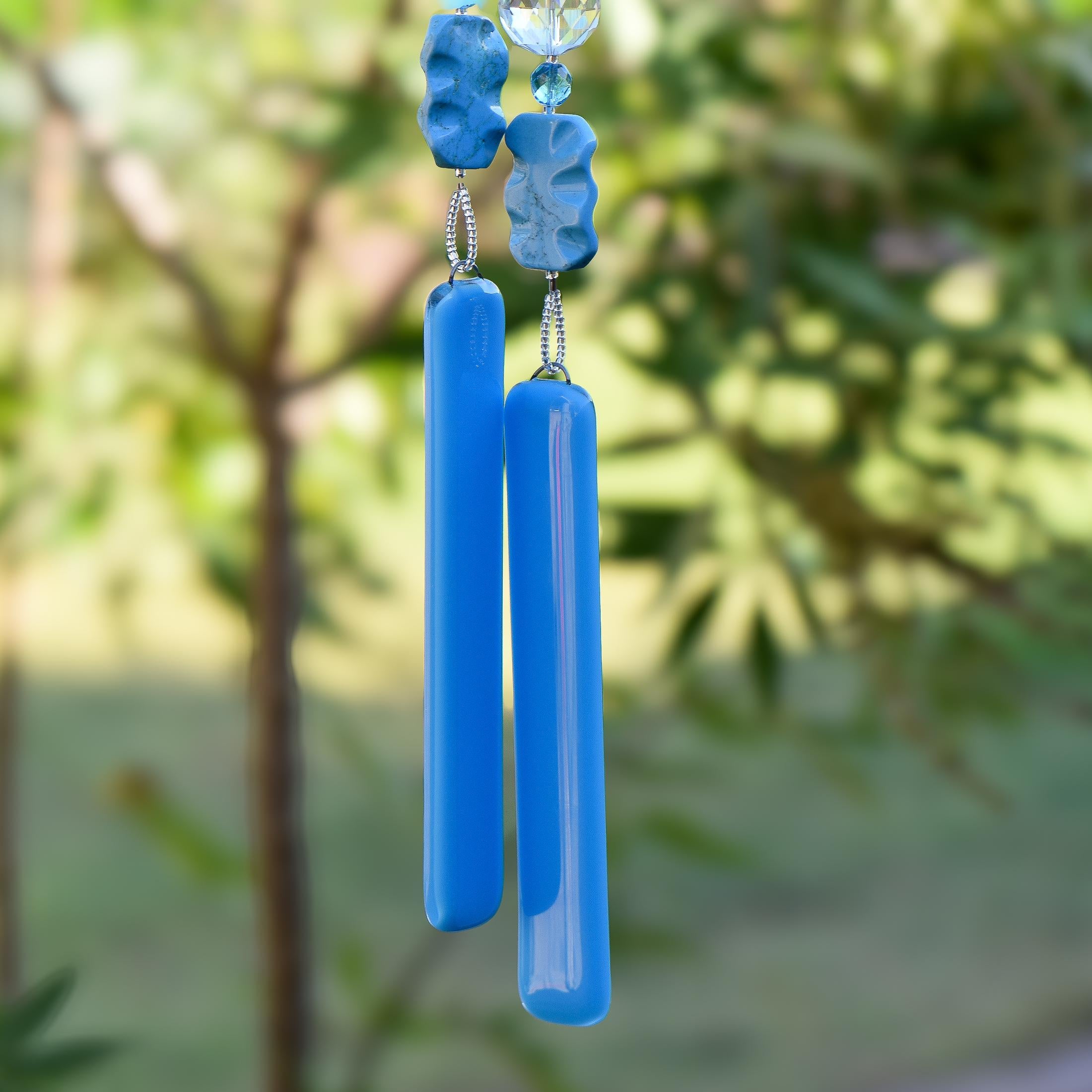 Magnesite Stone Chime with Blue Fused Glass and Glass Crystal- 31"