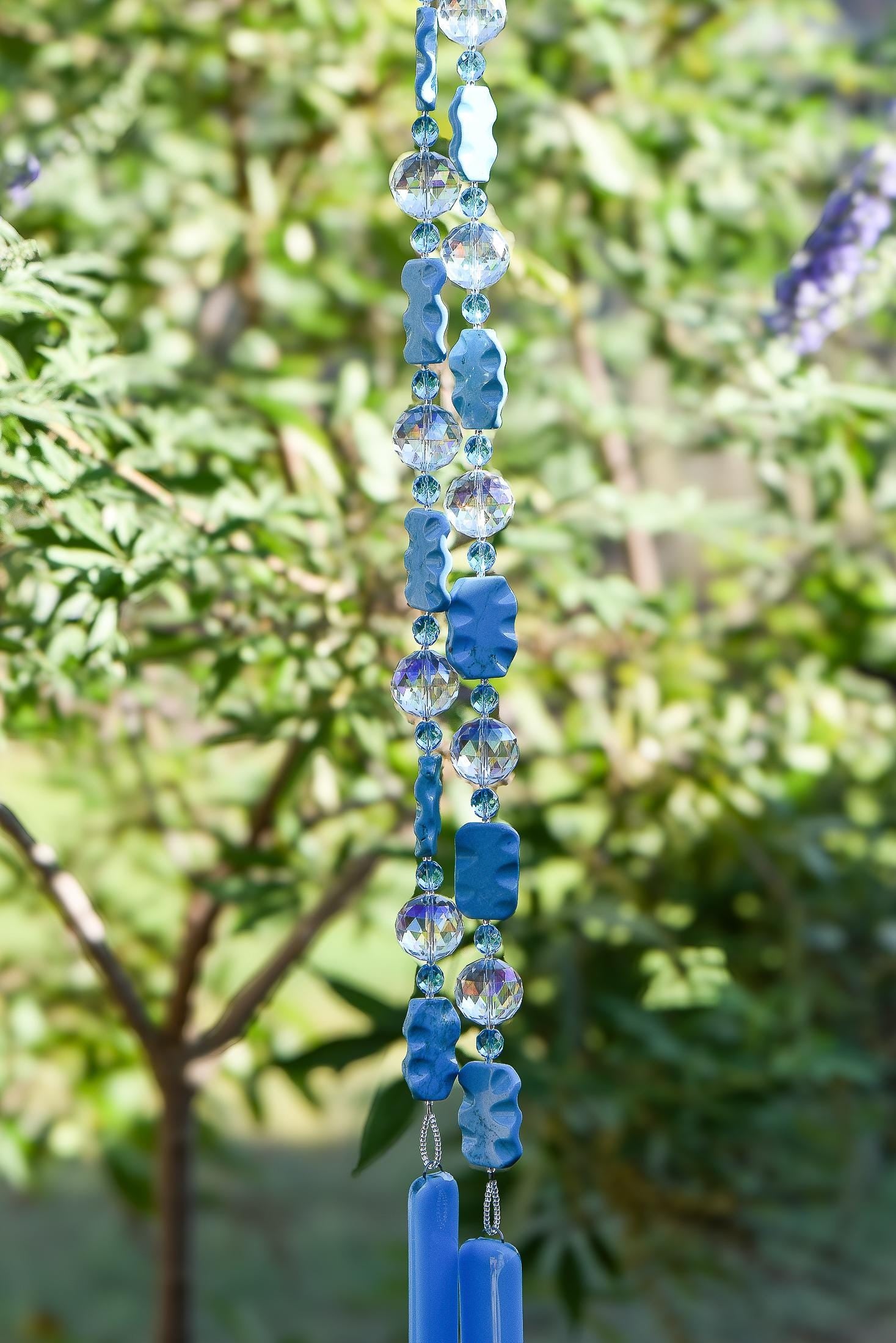 Magnesite Stone Chime with Blue Fused Glass and Glass Crystal- 31"