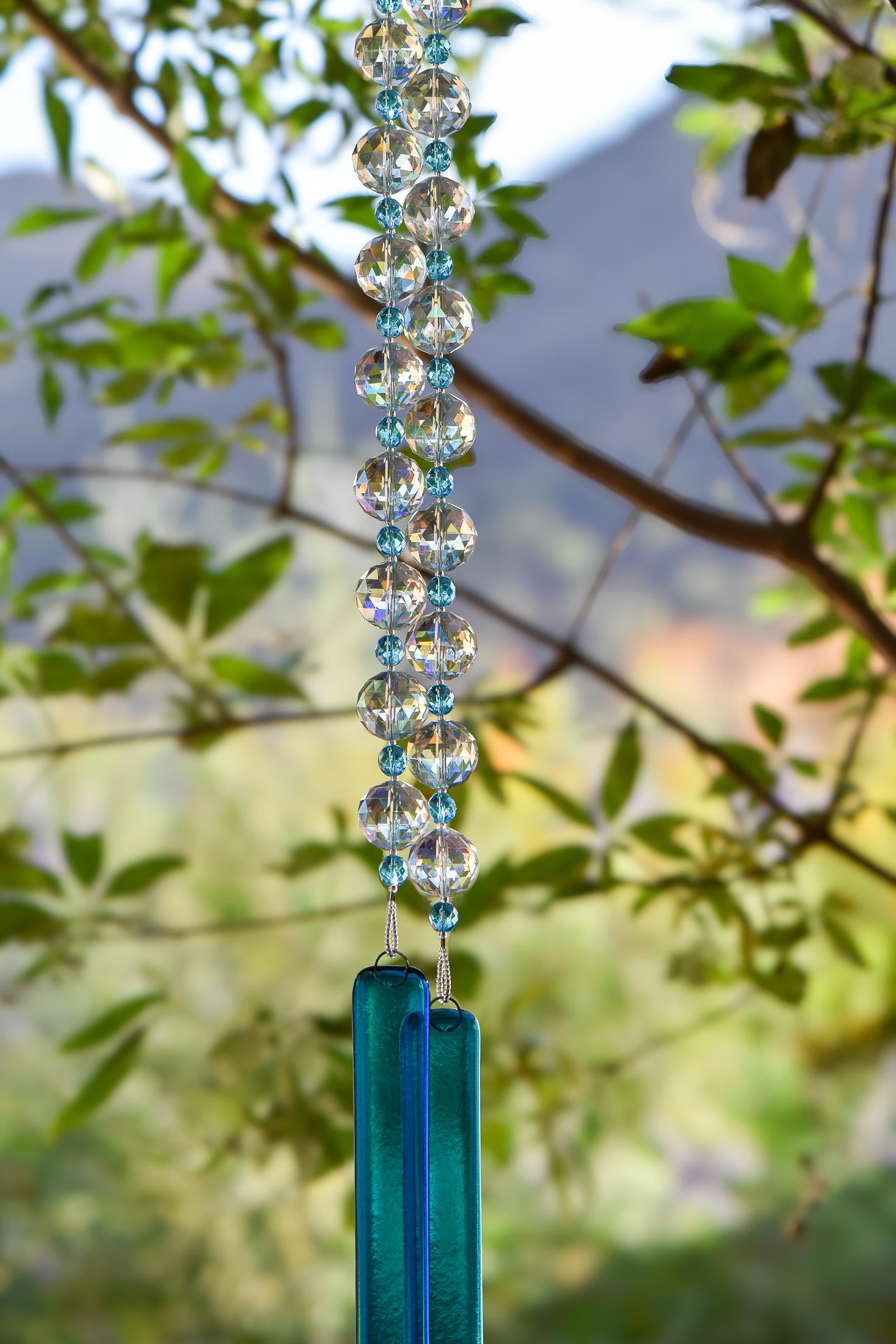 Blue Glass Hanging Outdoor Chime with Large Crystals - 32"