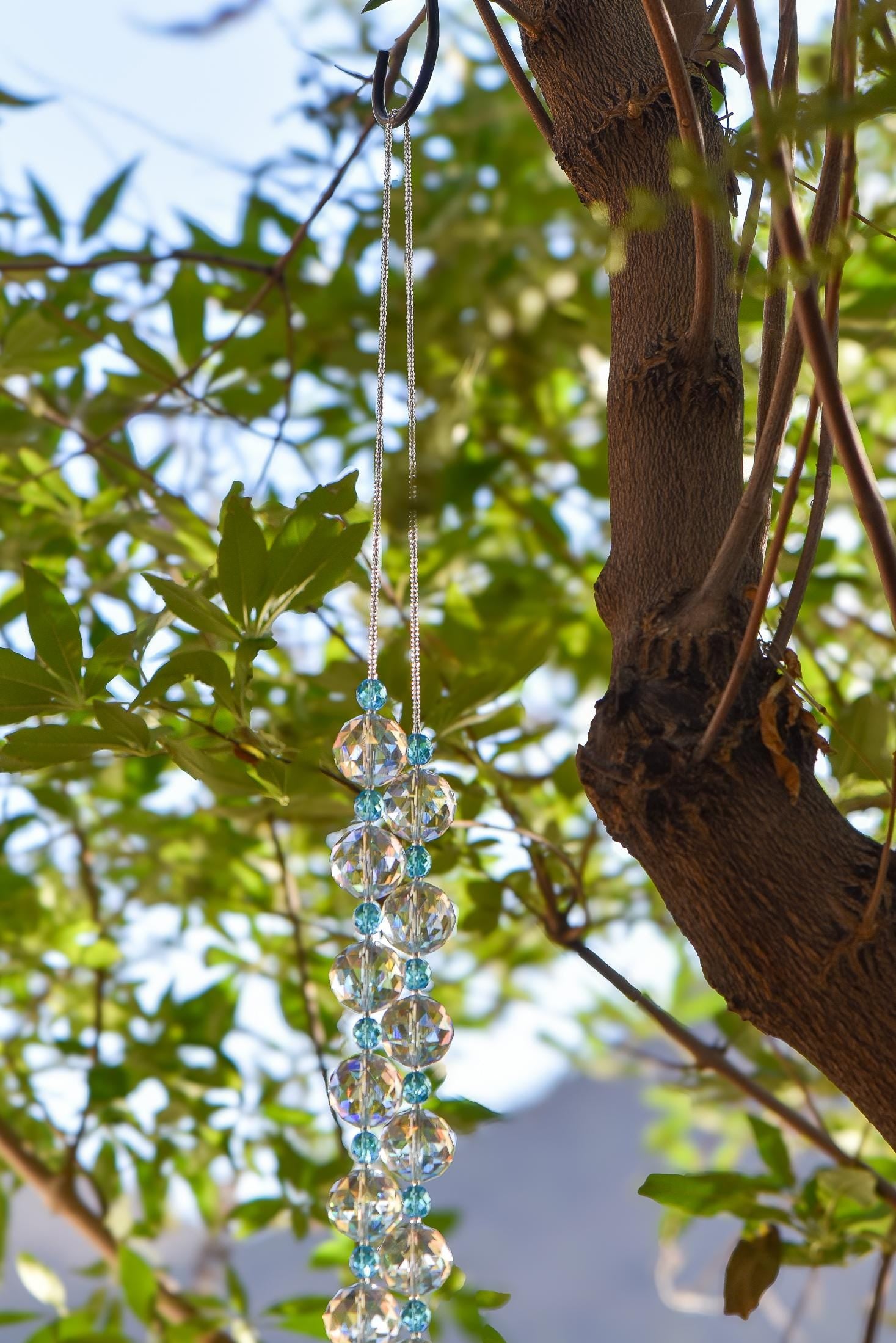Blue Glass Hanging Outdoor Chime with Large Crystals - 32"