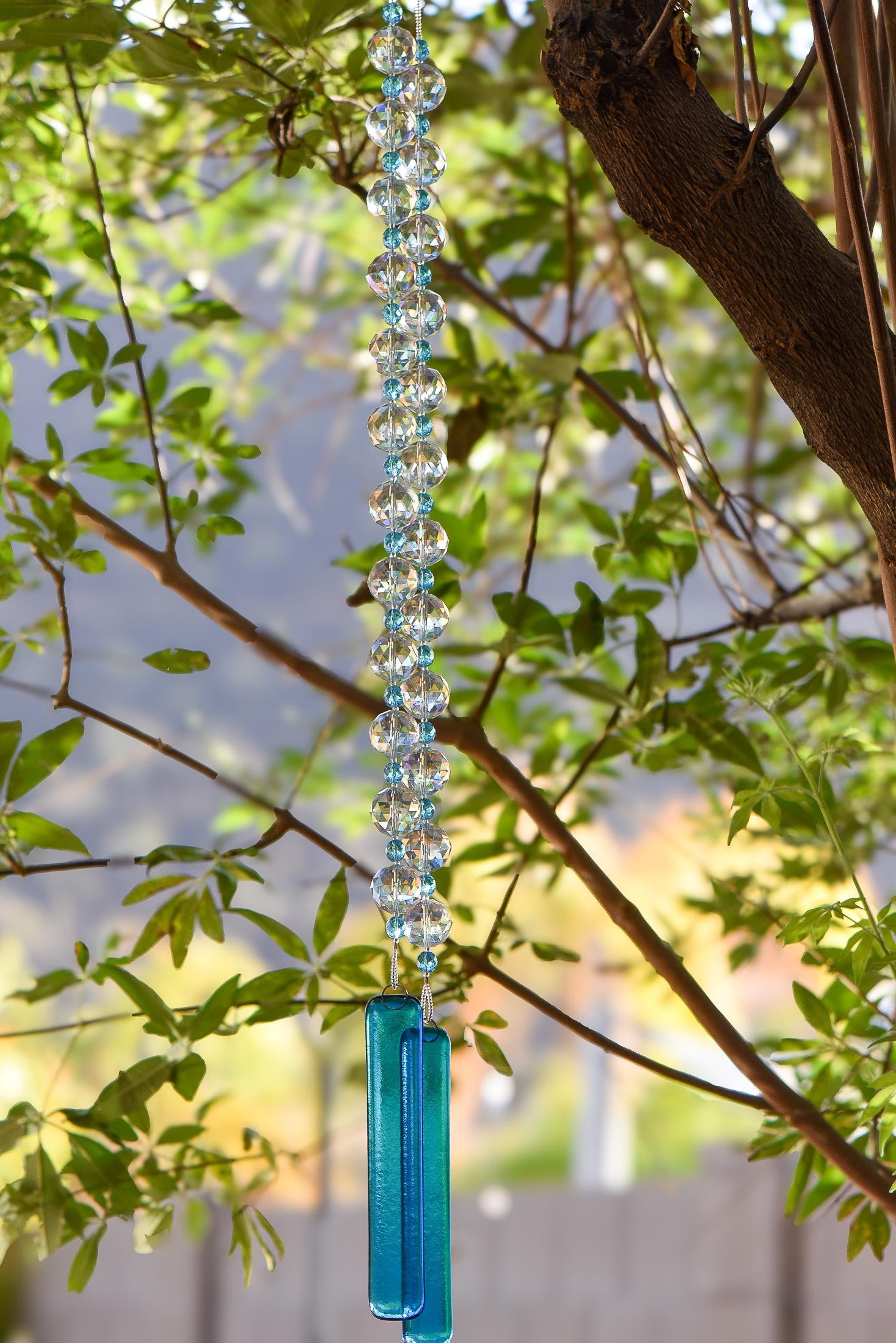 Blue Glass Hanging Outdoor Chime with Large Crystals - 32"