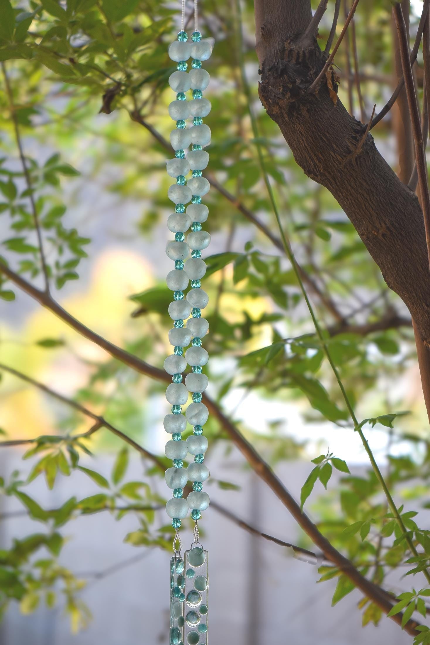 Aqua Green Glass Wind Chime with African Krobo Beads - 31"