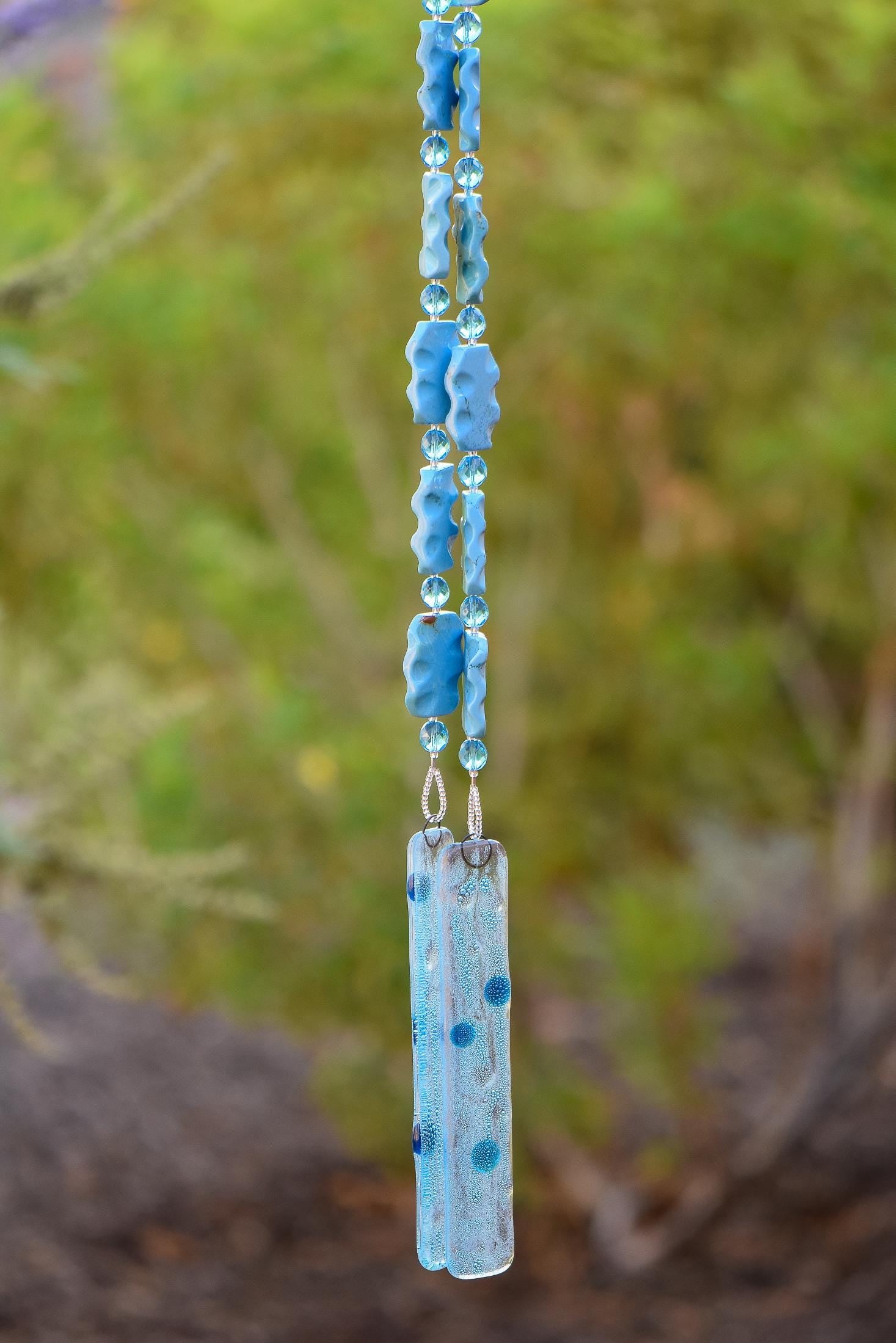 Blue Magnesite Stone Hanging Outdoor Wind Chime - 31"