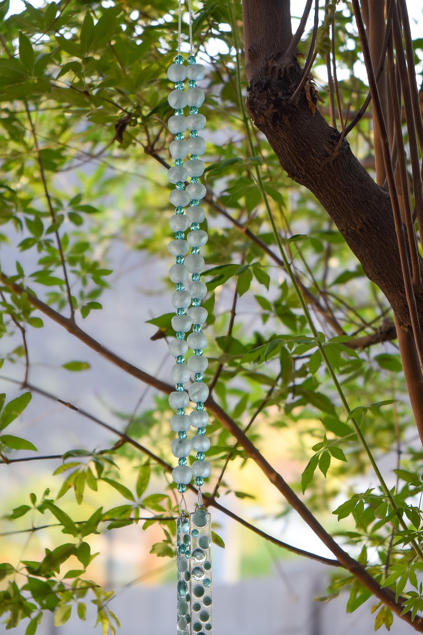 Aqua Green Glass Wind Chime with African Krobo Beads - 31"