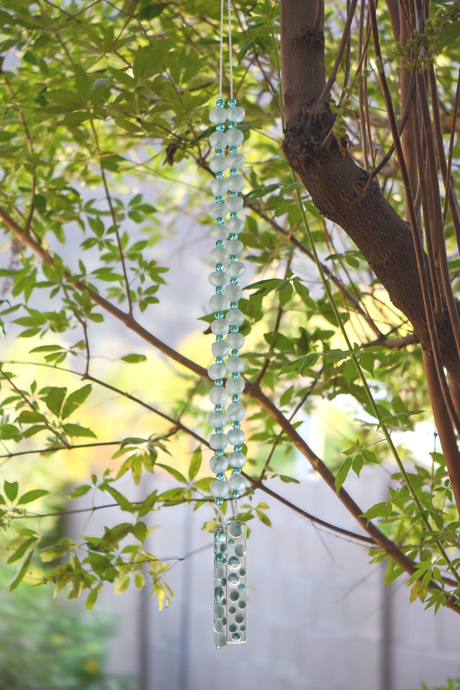 Aqua Green Glass Wind Chime with African Krobo Beads - 31"