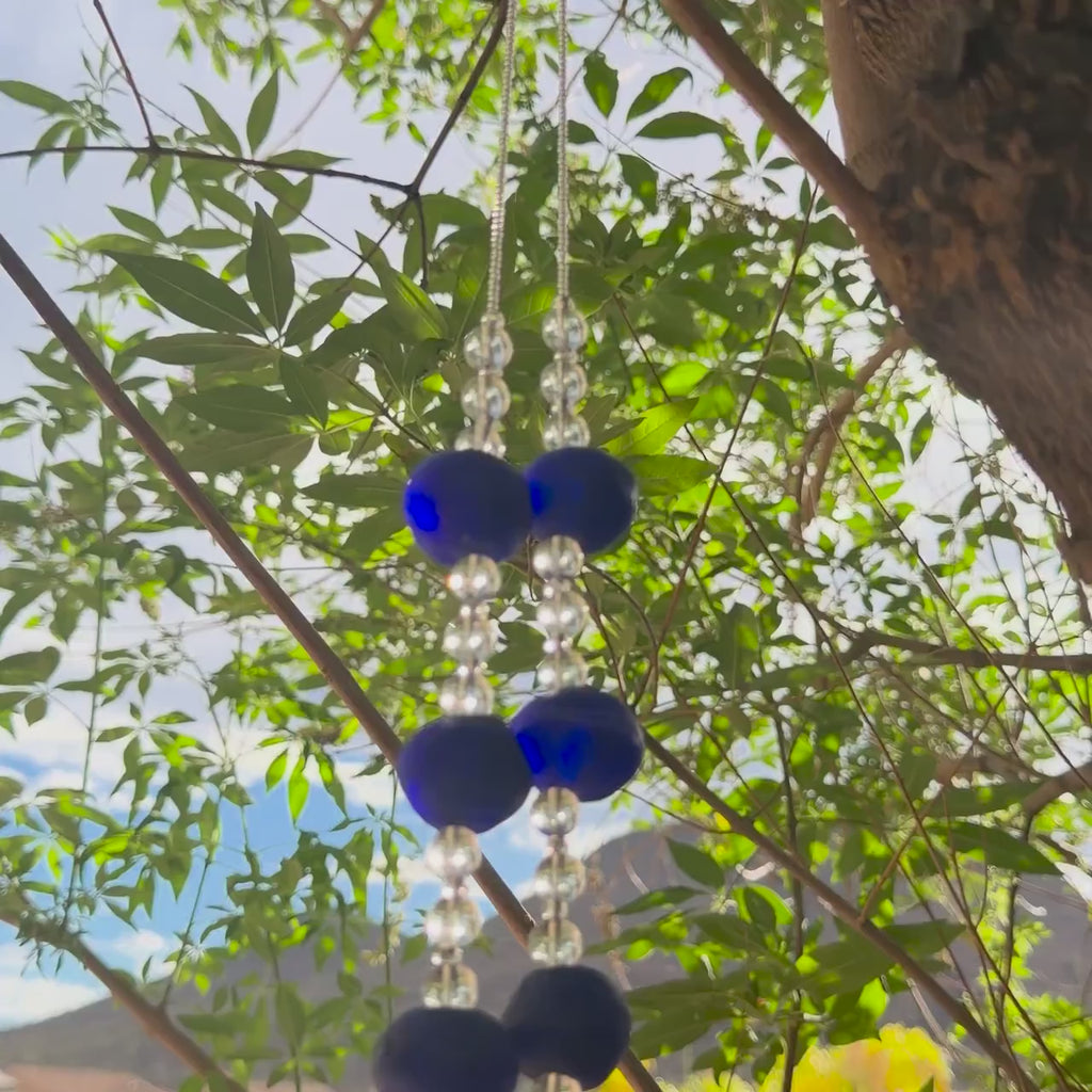 Cobalt Blue Suncatching Wind Chime with African Tribal Beads for Patio and Garden - 30" Long