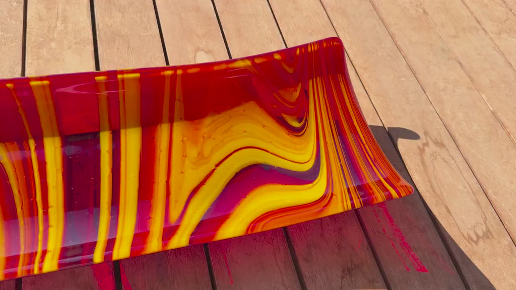 Large Red & Yellow Fused Glass Channel Tray - Table Centerpiece - 23" Long