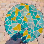 Glass Mosaic Bowl – Transparent Blues with Yellow Accents - 9"