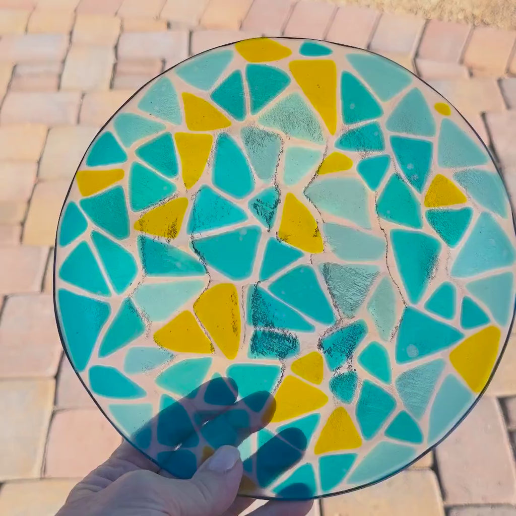 Glass Mosaic Bowl – Transparent Blues with Yellow Accents - 9"