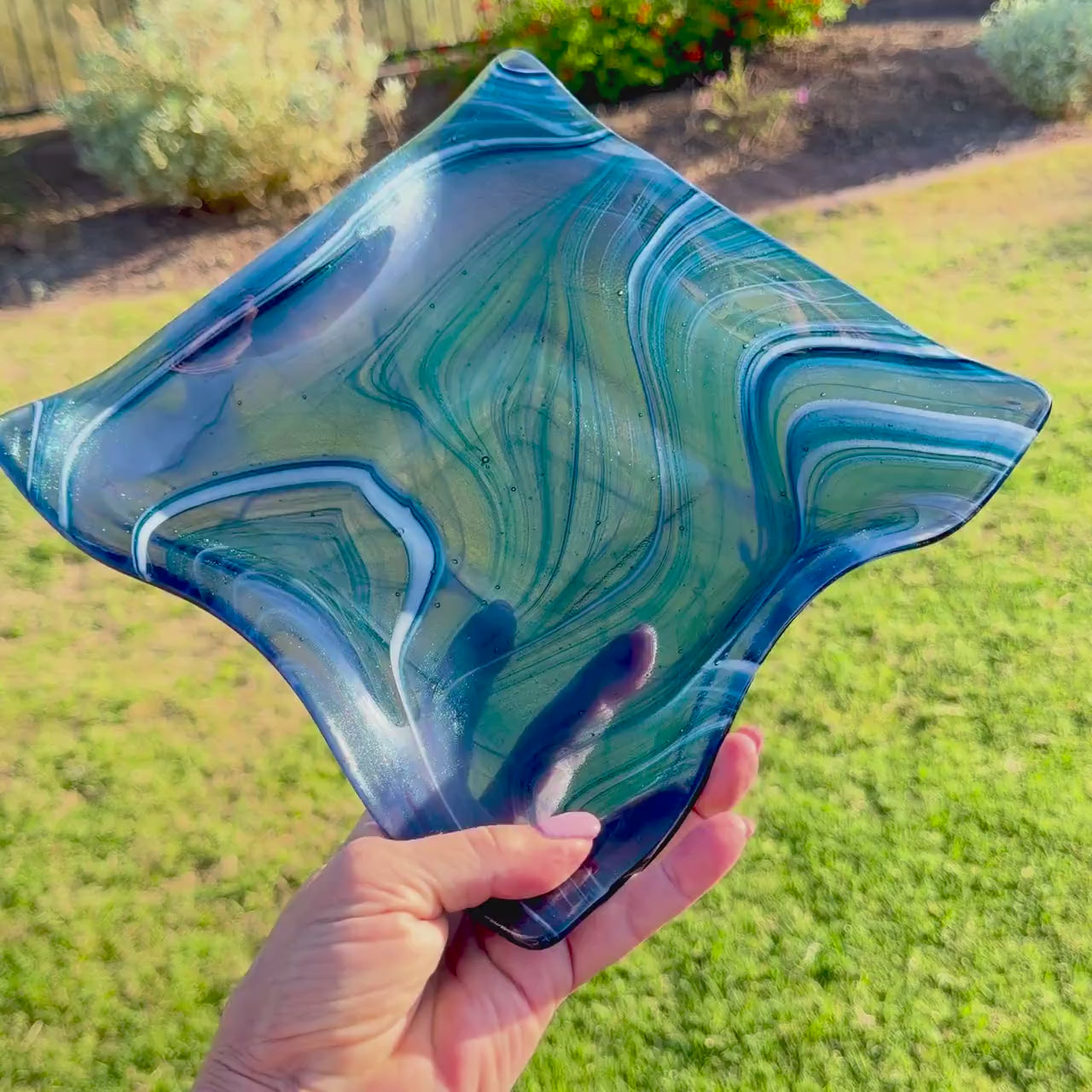 Large Sparkly Blue Wavy Bowl with Foot - 10" Square