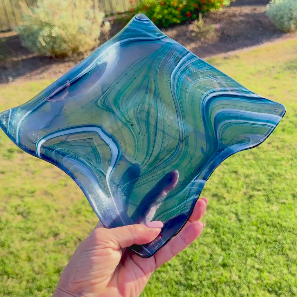 Large Sparkly Blue Wavy Bowl with Foot - 10" Square