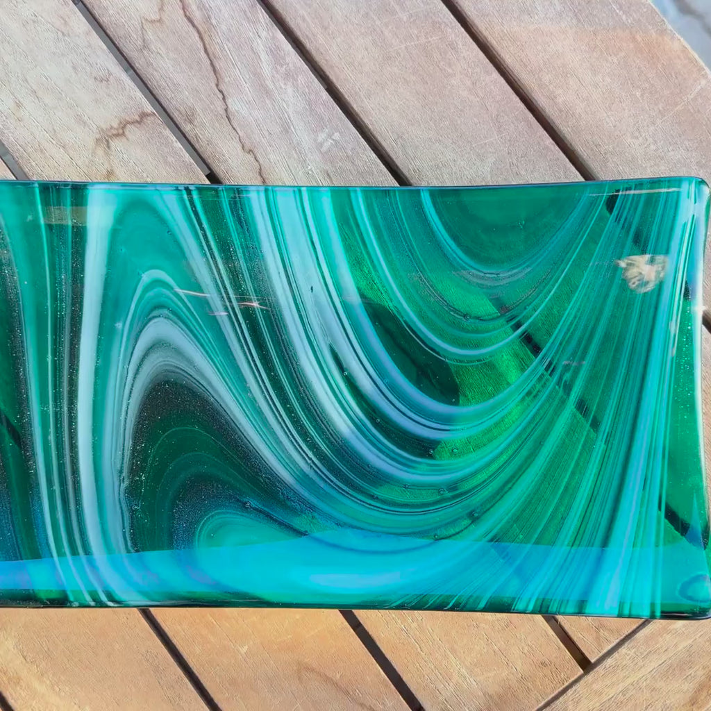 Large Teal Green Fused Glass Channel Tray - Table Centerpiece - 23" Long
